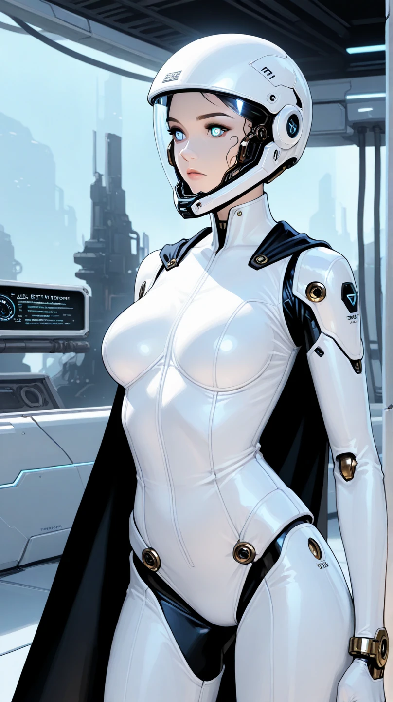 painting, A photorealistic portrait of a young female woman mecha pilot, wearing futuristic scifi white black exoskeleton, detailed holographic eyes, with short [burgundy punk :0.4]hairstyle, puffy [bimbo :0.4]lips, strong jawline, sneer expression, chest-plate, [military miniskirt:0.35], makeup and lipstick, skinny athletic body, cloth folds, scuffed worn out scratched scarred metal armor plates, (sleek faceted black robotic prosthetic arms and hands and fingers and shoulders:1.1), standing posing in an air base, hand on hip, natural skin texture, 24mm, detailed rivets screws, cluttered detailed background, indoor lighting, cool tones, RAW photo, photorealism, soothing tones, insane details, intricate details, low contrast, daytime, hyperdetailed, exposure blend, hdr
