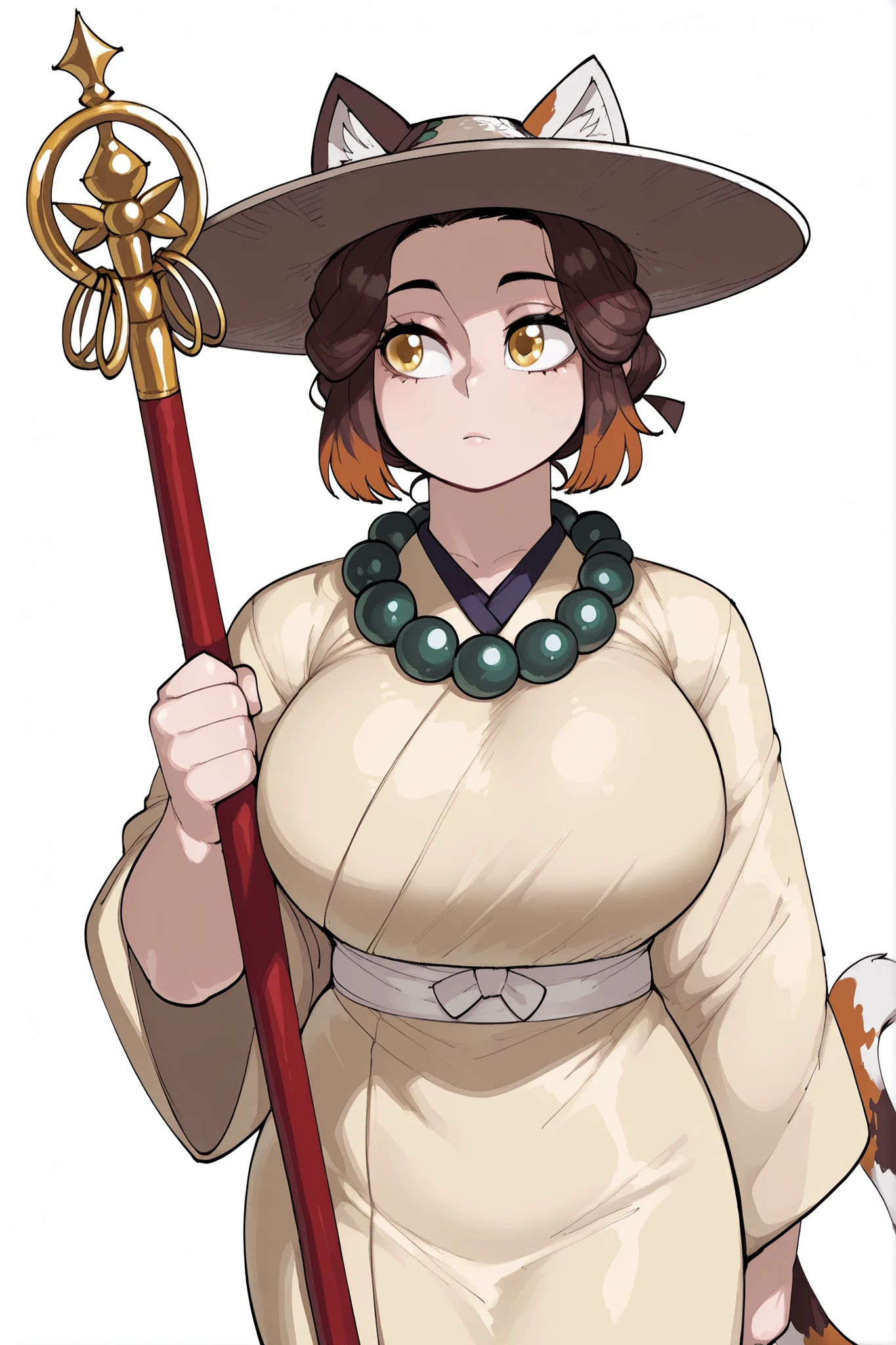 krekkov style,(negative_v2 Color_Balance_Calibration:0.8),score_9, score_8_up, score_7_up, BREAK, masterpiece, best quality, anatomically correct, kimetsu no yaiba, 1girl, solo, brown hair, golden eyes, bob hairstyle, half human half calico cat, calico cat ears, calico cat fluffy tail, no human ears, , jirogasa hat, shakujo staff, monk robes, prayer beads necklace,