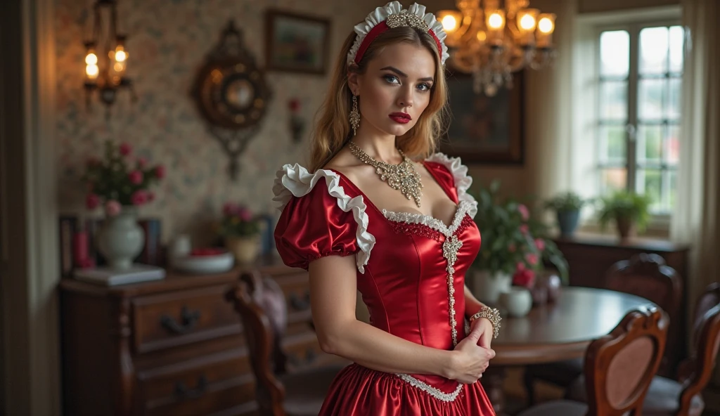 (masterpiece:1.3),(highly detailed:1.3),(highres:1.1),best quality ,Ultra-detail , renaissance, 1girl, solo, russian girl, front, makeup, blush, indoor, ((luxury old house)), (((red old dress with patterns, corset))), window, to look far ahead, brown eye, blonde hair, ponytail, gorgeous girl, curvy body
