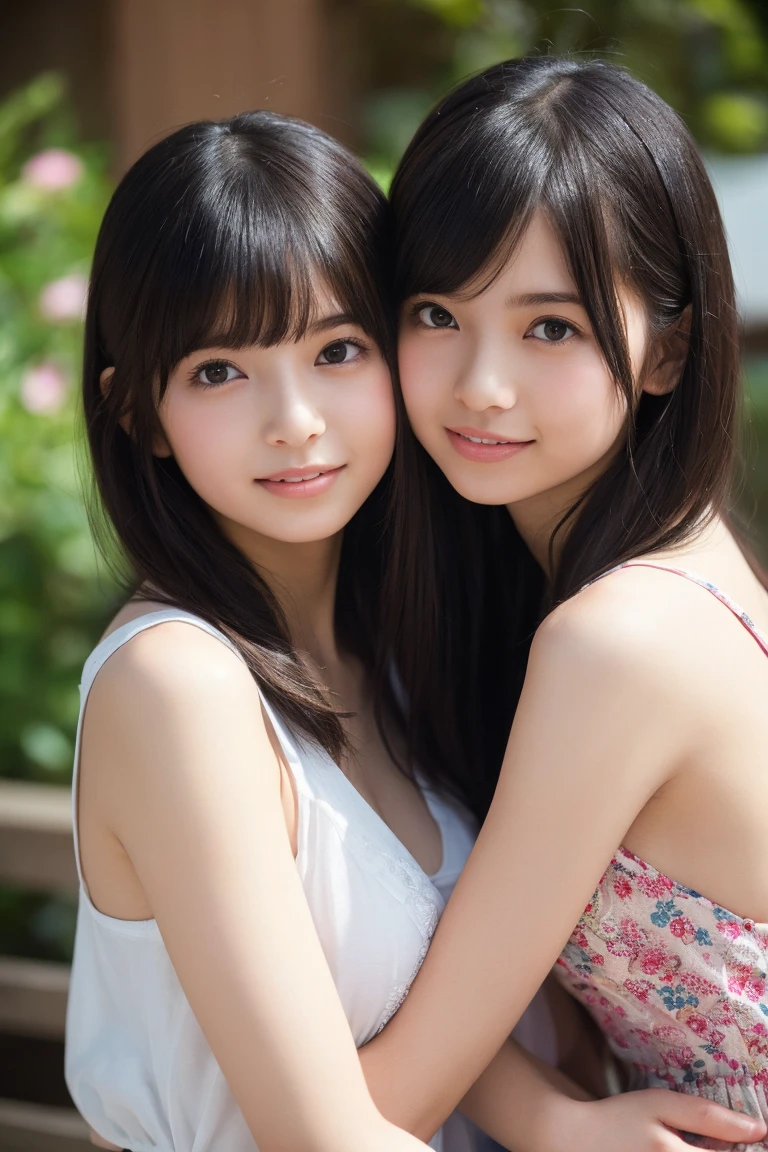 Close Identical Twin Sisters、Esbian all over、Beauty、Shorts、Active、 (Real、Super real、Super Reality:1.5)、(photograph))、((2 girls、duo:1.8))、(Neat and innocent personality、 Friendly atmosphere：1.4）、（（Dark Brown Hair、（Moist and straight super long hair）：1.5））、（smile：0.9）、（Kind eyes）、（Viewer&#39;s perspective、Cinemagraph）、（8K、Live Photograph、Highest） image quality、masterpiece:1.2)、Super fine、Super Resolution、(hyper reality、)Super fine、Super Resolution、(Real、Actual Photos:1.47)、（They are hugging each other。）Leaning closer、（Fantastic lighting）Embrace 、Cinema Lighting、White skin、Fair-skinned female proofreading、Ultra HD、Stylish lighting、Beautiful female proofreader reflecting light、Amazing details、high definition beautiful girl、High definition face、High definition eyes、Extremely Realistic Skin、High definition finger、High definition detailed nose、Highly detailed mouth、Highly detailed background