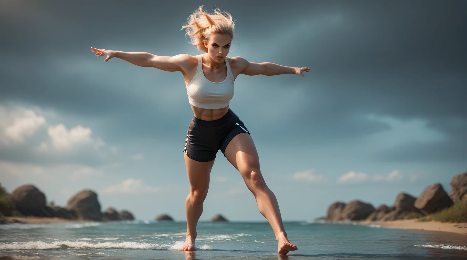 hyper ultra realistic photographs full body of Moonlight paints streaks of silver across sweat-slicked skin as the warrior dances through a swarm of enemies, her bare feet silent on the blood-soaked earth. ratio 16:9, 4k, 8k resolution, High quality photo, high detailed images