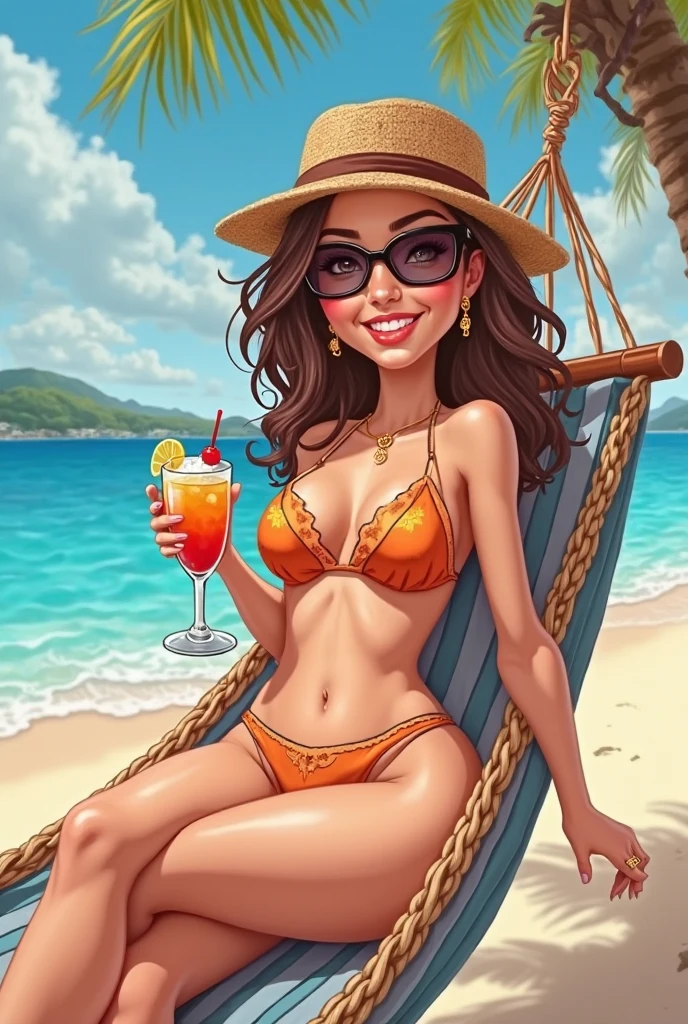 drawing of a woman in a bikini sitting in a hammock having a drink, caricature illustration, in illustration style digital, stylized digital illustration, color digital illustration, professional illustration, Cartoon style illustration, full-colour illustration, in cartoon style, arte dos desenhos animados, Estilo de caricatura, pintura digital dos desenhos animados, portfolio illustration, Portrait illustration, digital illustration portrait, retrato dos desenhos animados