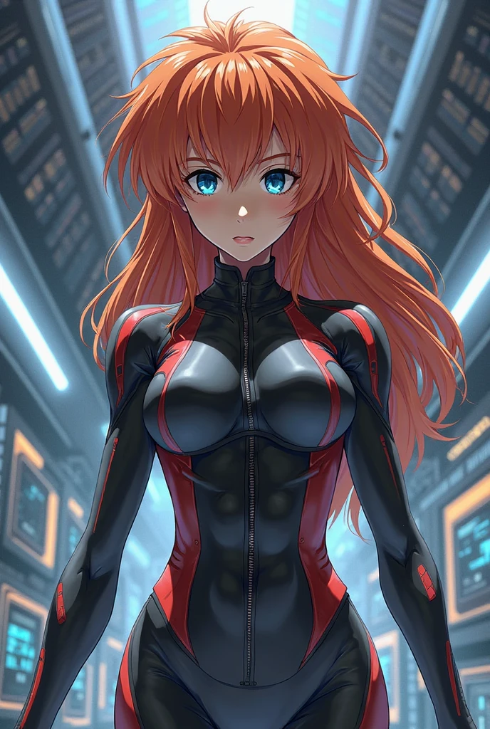 official art, Unity 8K wallpaper, ultra detailed, beautiful and aesthetic, masterpiece, best quality, realistic, Full body Shot, skindentation, souryuu asuka langley, headset interface, bodysuit under clothes, detailed eyes, detailed face, detailed hair, black background, straight-on, looking at the viewer, shiny