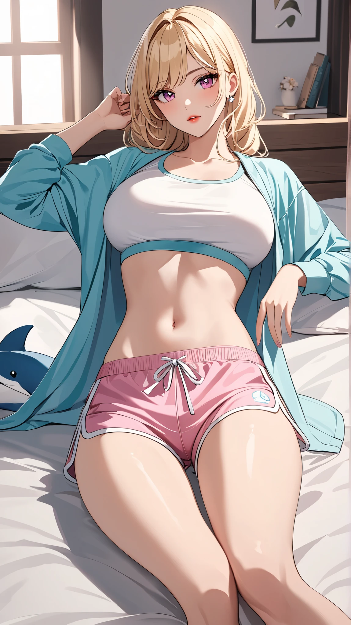 1girl, blonde hair, braided hair, no shoes, thighsocks, navel, midriff, sexy, armpit, red eyes