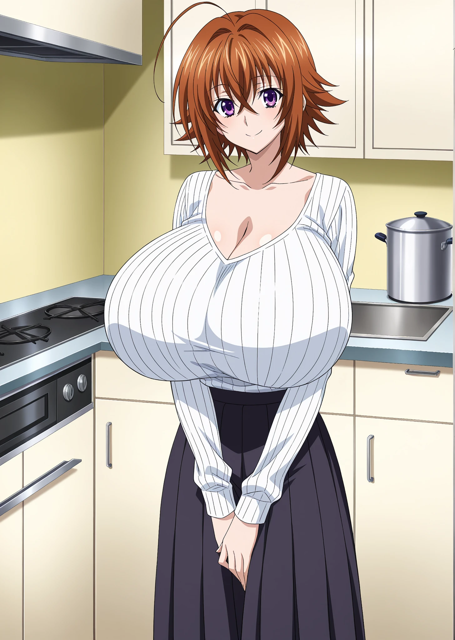 1990s anime cels style, 1990s manga style, best quality, high resolution, naked apron, (huge breasts:1.2), kitchen, jeans, blush, embarrassed, smile