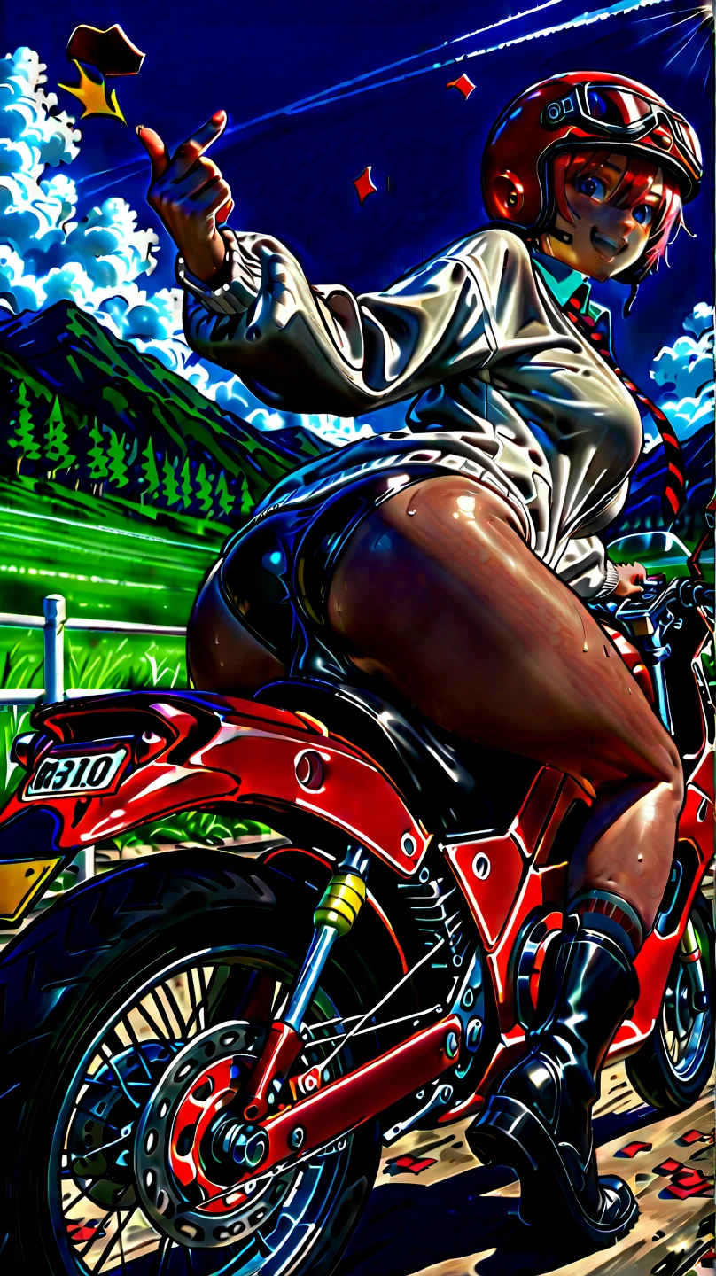 Two cute anime girls kiss while sitting on the saddle of a motorcycle, a petrochemical plant, naked