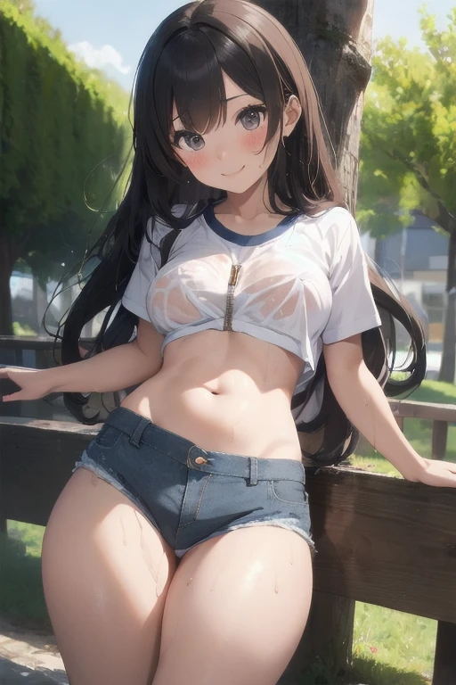 (masterpiece), (highest quality), (Super detailed), (One girl), 13 years old, blush, ((lift up:1.2)),((topless)), ((slender)) ,Happy, View Viewer, wood々In a park with,bench, shy ,sit on the bench, anxiety, smile, mischief,(Shiny skin), from the front, ear, (Nipples), (white micro thong),