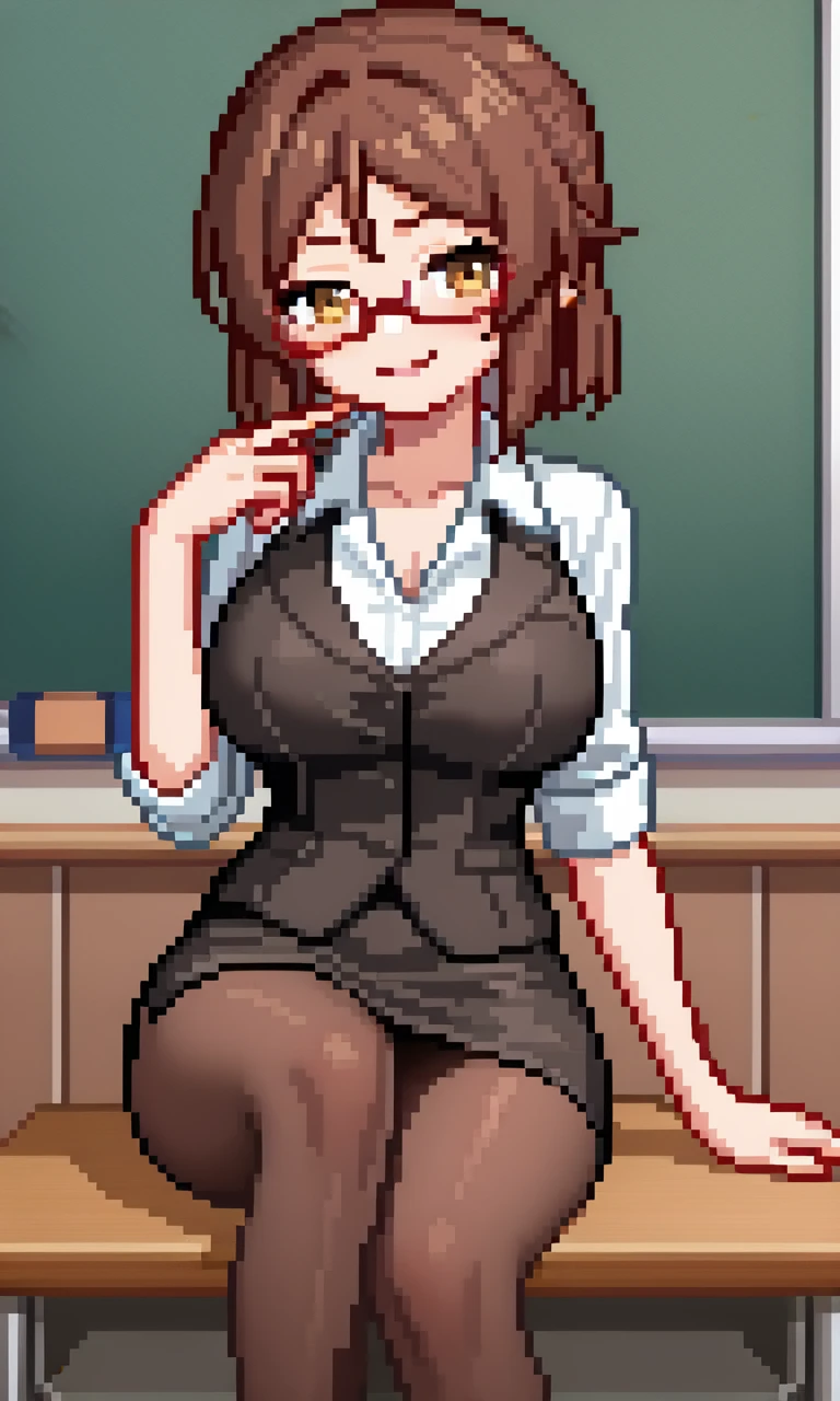 score_9,score_8_up,core_7_up,1girls, big breasts, bimbo, blush, bra, bra cups sticking out, breasts, brown hair, busty, cameltoe, cleavage, female, female only, large breasts, lipstick, long hair, looking away, nail polish, pantyhose, presenting, purple skirt, skirt, solo, spread legs, teacher, upskirt, voluptuous