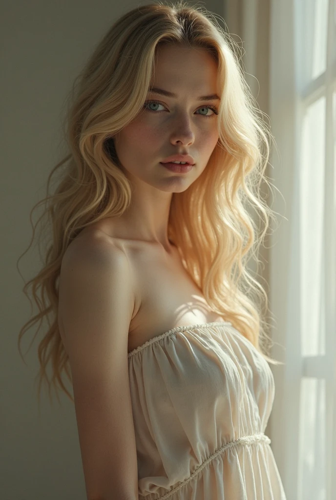 Strawberry gold blonde long hair, devil eyes, crazy eyes, evil smile,UHD, retina, masterpiece, ccurate, anatomically correct, textured skin, super detail, high details, best quality, highres,16k,3d, realistic,Naturally beautiful, more beautiful than an angel, blue eye , perfect side profile ,The most beautiful, good figure, sexy figure, model figure, hourglass figure, big breasts, clear abdominal muscles, Russian girl, white and smooth skin, white dress
