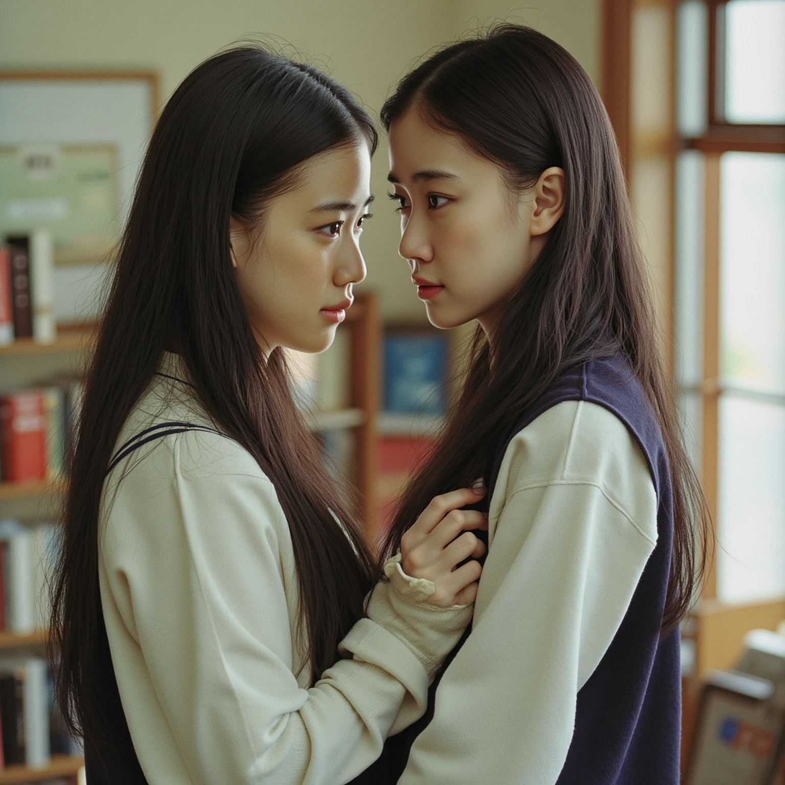 two korean teenagers, long brown hair, in casual everyday clothes, in a library kissing. image seen from a security camera