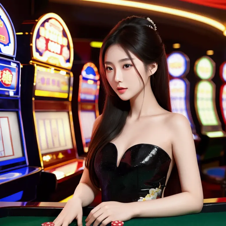 girl at a dice machine in casino, 3 large white dices in a glass cylinder. colorful casino atmosphere