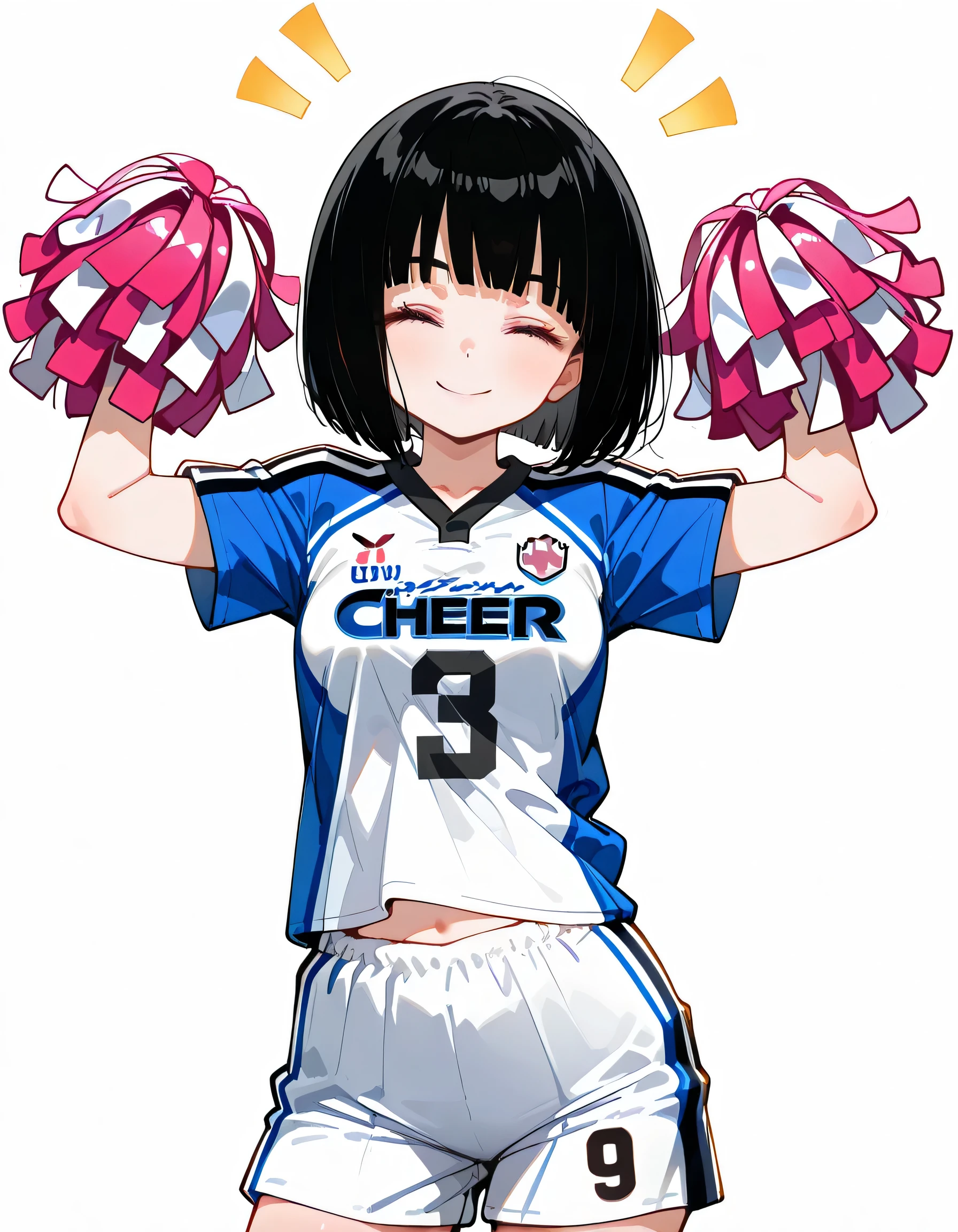 black haired teen looking provocative in cheerleader outfits asul and white jumping in the air opening her legs giving a perfect view of her panties