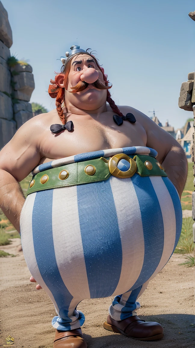 ((best quality)), ((masterpiece)), (detailed),(high-resolution:1.2),((realistic1.5))
1man, Obelix, braid, red hair,fat man, mustache, blue and white striped pant, big belly