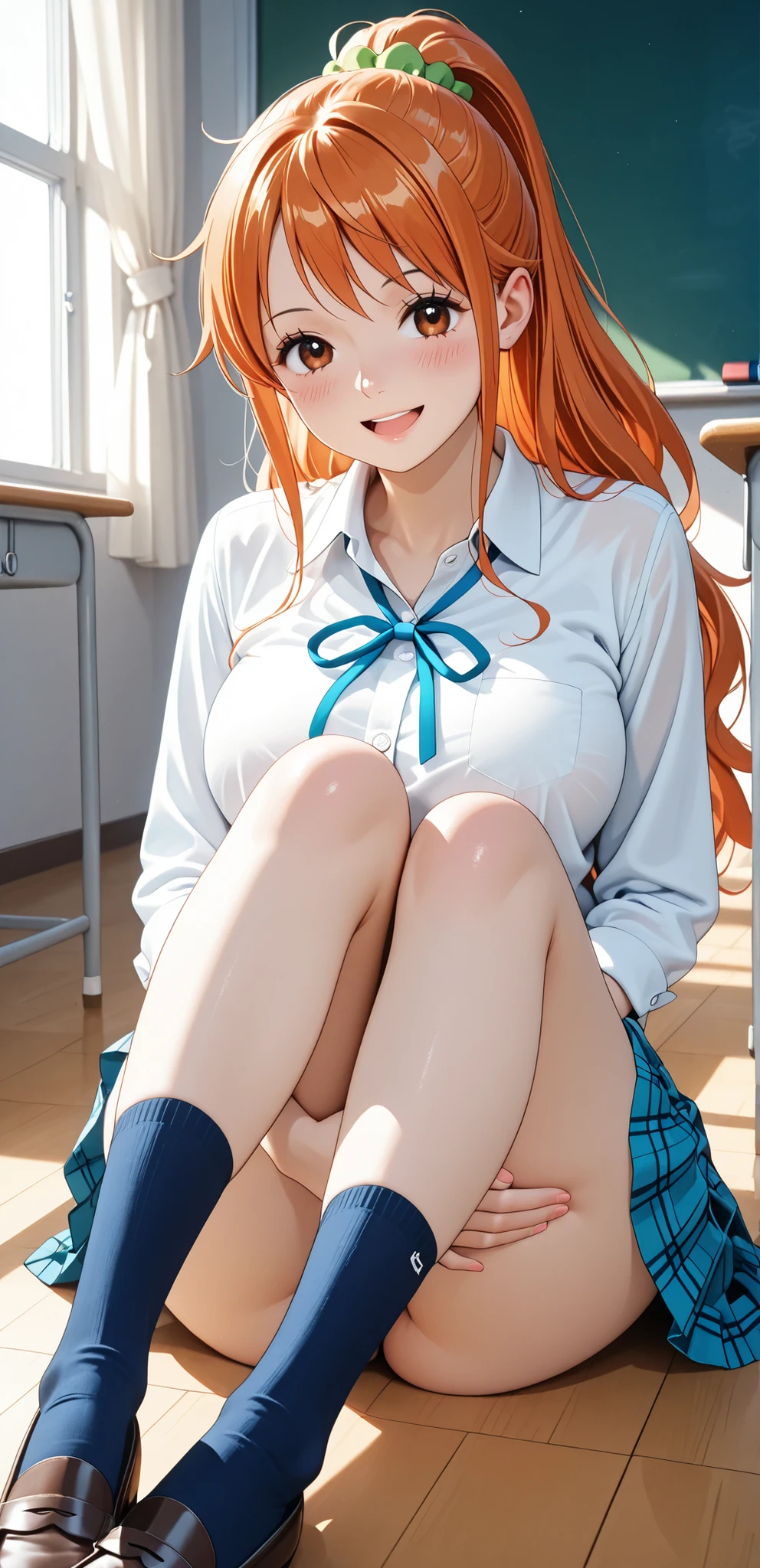 score_9, score_8_superior, score_7_superior,Source Anime,  break, One girl,rain_sumika , classroom, front,Captivating smile, Black Bra,Lace fabric,Large Breasts,Black knee socks,Feet forward,Footjob,Trampling on a man&#39;s genitals,Looking at this,
 
