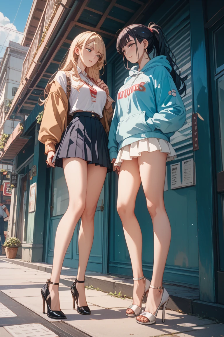 highest quality, Ultra-high resolution, (Realistic: )2D official style cel animation,((2Girls sitting in a row))middle School girls,Twin tails、ponytail、White Big Ribbon、Glasses、Blue Check ummer Shirts,Unbutton、(White lace panties、Lace bra),loose socks,loafers,Full body portrait,(From below),Station stairs,sunny,Spread your legs、from the front、blush、