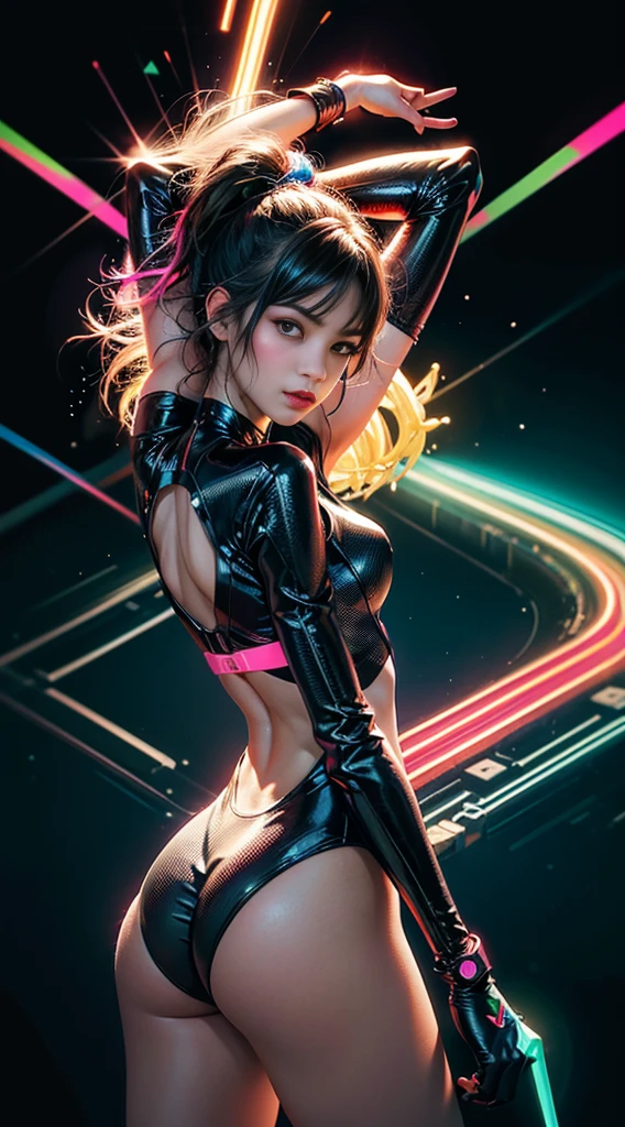 (masutepiece, of the highest quality, Best Quality, Official art, Beautiful and aesthetic:1.2), (1girl in:1.3), Extremely detailed,(Fractal Art:1.2),Colorful,highest details,( Zentangle Neon:1.2), (Dynamic Pose), (Abstract background neon:1.5), (Congressional Dresses:1.2), (Shiny skin), (Many colors:1.4), half body , medium breast, neons,16 K,Full-HD