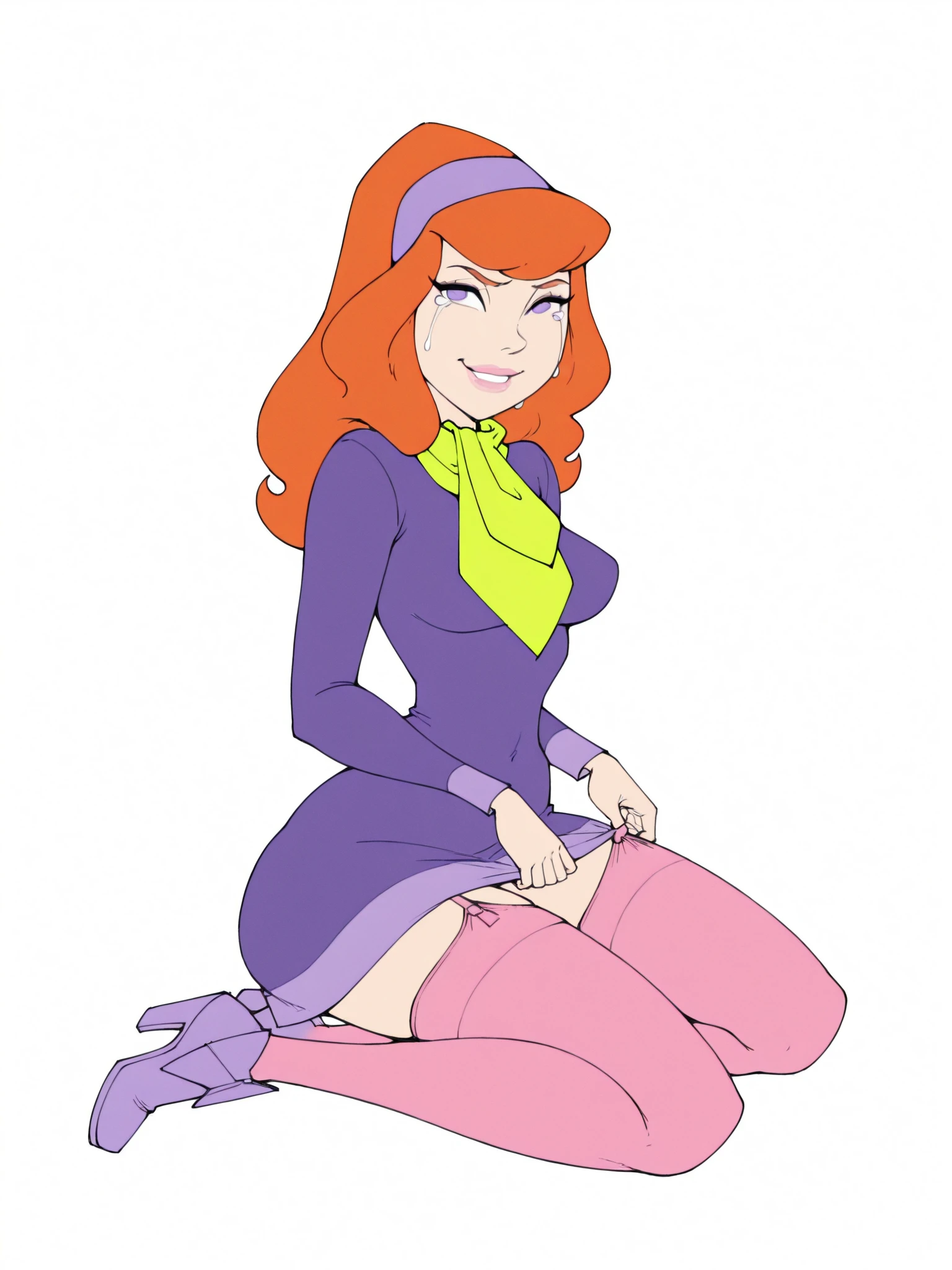 pov, daphne blake, purple dress, purple eyes, green scarf, penis at face, smile, blushing
, foreskin
