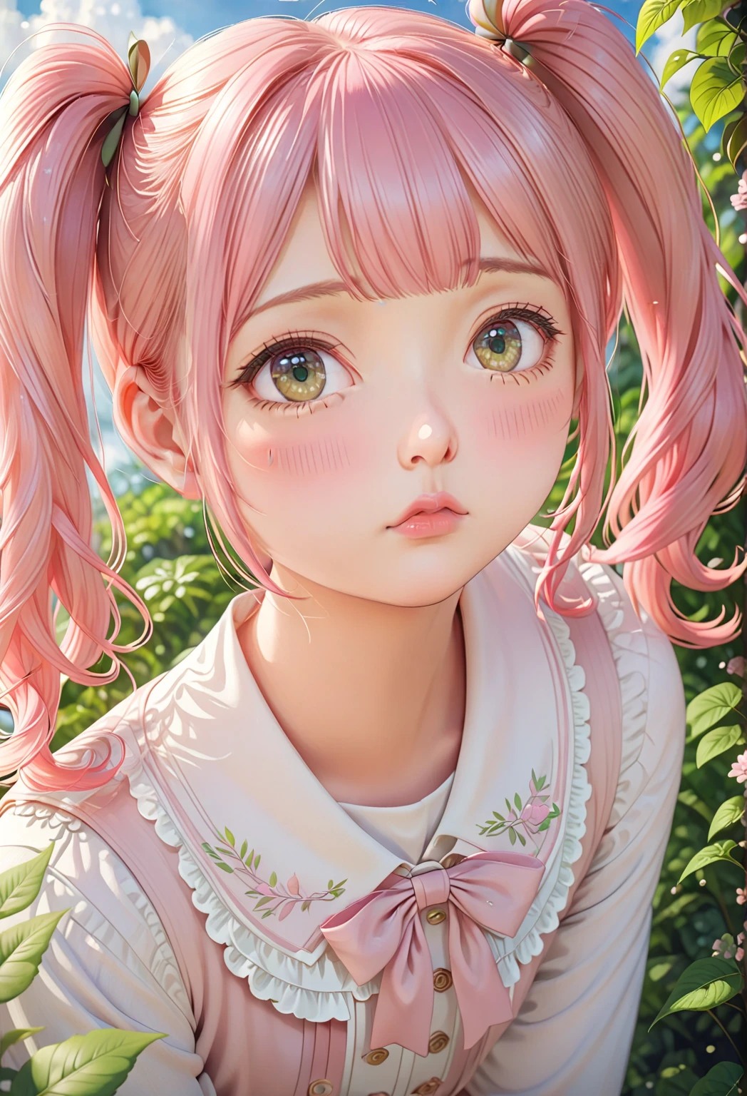 10 years old French girl. With short fuchsia hair without bangs. She looks happy and very playful.