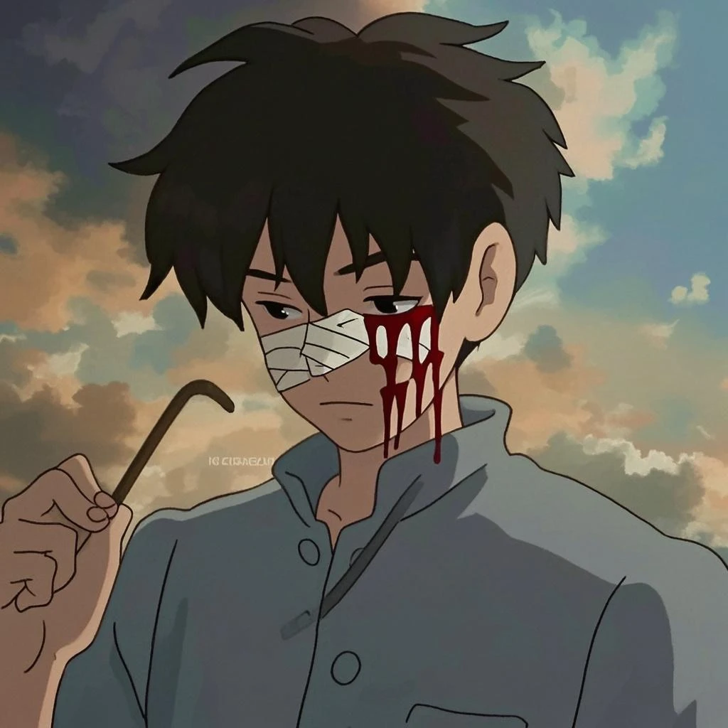 Man on ground, blood face, shocked, smokes,