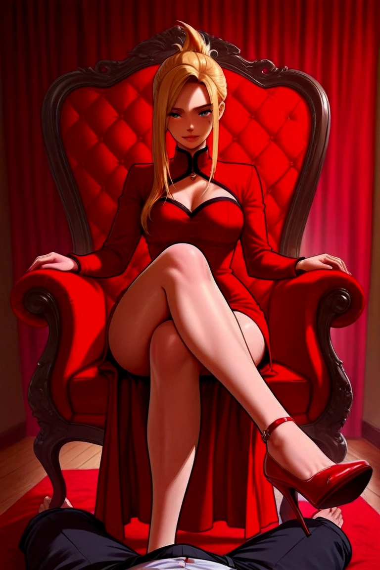 a beautiful woman with alluring eyes, full lips, and long eyelashes, sitting cross-legged, wearing a tight red dress, her legs and thighs exposed, blonde, a mischievous expression, low angle shot, high quality, photorealistic, dramatic lighting, cinematic, chiaroscuro, moody, sensual