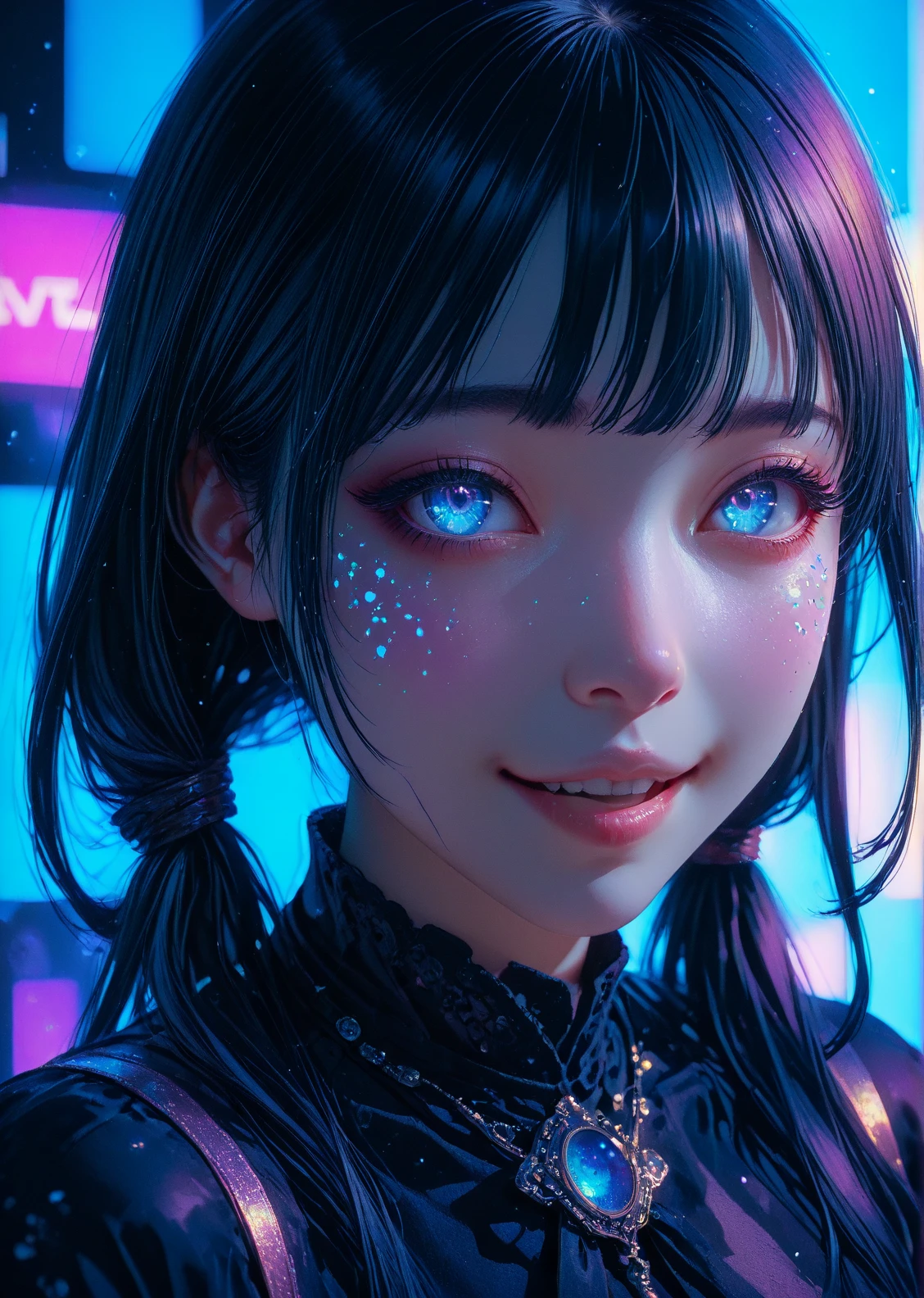 masterpiece, best quality, half body, portrait, night city, 1girl, anime, 3D, Japan, pixar, realistic, teen girl, smiling, cute face, harajuku fashion style, rain coat, beautiful, colourful, neon lights, cyberpunk, smooth skin, illustration, artstation, painting by stanley artgerm lau, sideways glance, foreshortening, extremely detailed 8K, smooth, high resolution, ultra quality, highly detail eyes, highly detail mouth, highly detailed face, perfect eyes, both eyes are the same, true light, glare, Iridescent, Global illumination, real hair movement, real light, real shadow, real face, hd, 2k, 4k, 8k, 16k, realistic light, realistic shadow, bright Eyes, fluorescent eyes, soft light, dream light