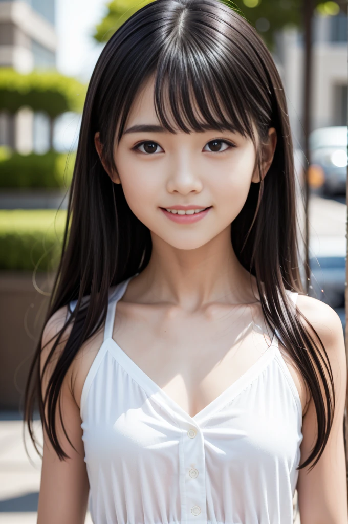 highest quality, High resolution, realistic pictures, detailed skin texture, (Cute 10 year old Japanese girl wearing a white camisole), shy, towards the camera, slim body shape, (flat chest:1.5), charming gaze, Fair skin, baby face