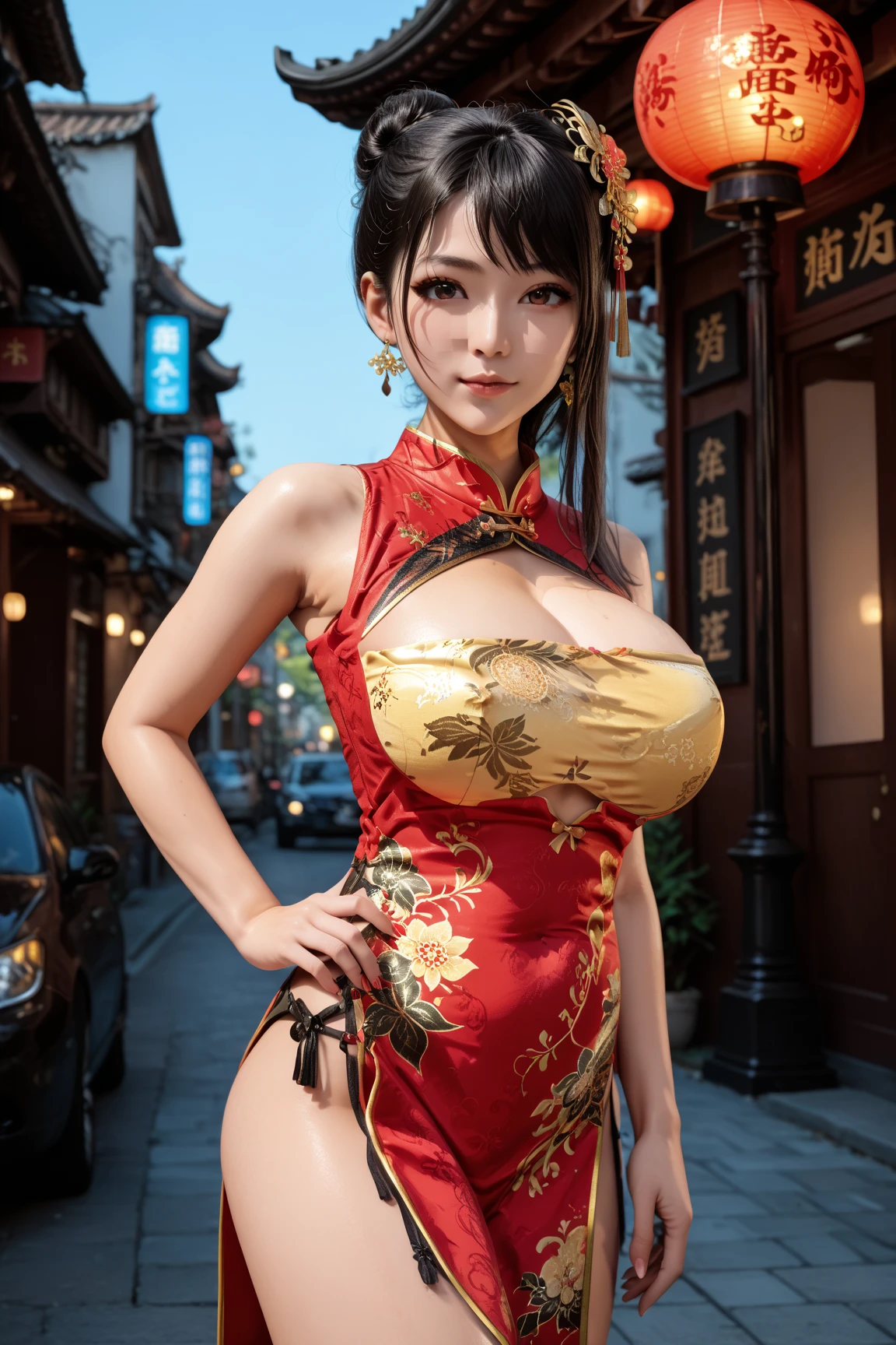 ((16K)),(masterpiece:1.3, Highest quality, Ultra-high resolution, Super detailed), (Realistic, photoRealistic:1.4), Perfect lighting, colorful, Depth of written boundary, Browsing Caution, Surrealism,Face Light,Beautiful detailed hair,Beautiful eyelashes, Beautifully detailed face, Beautiful fine details, Beautiful clavicle, Beautiful body, thin脚,Beautiful breasts, Beautiful feet, Beautiful Hands, Cleavage,Pointed Chest, thin, 1 girl, Perfect Face, Long eyelashes,Perfect Anatomy, Supermodel with a long neck,((Skinny1.3)),looking at the camera,(Perfect Anatomy,Anatomically correct, Highly detailed skin), Shiny skin,((beautiful girl:1.1)),(( large breasts:1.4)),(twin buns, Wavy Hair:1.2. Black Hair) ,((hair over one eye)),Dainty facial structure,((Happy smile:1.3 )),Upward glance,((yokozuwari, sitting:1.4)),((hand on own hip)),((wearing Cheongsam/cheongsam:1.4)),sexy and glamorous black cheongsam (Chinese dress) ,The dress should feature intricate patterns and a high slit, highlighting its elegant and sultry design. The overall appearance should be striking and eye-catching,cleavage cutout,tight mini skirt,sleeveless, ((wide shot:1.2)),((Dynamic composition)),Generate an image of a vibrant and colorful night scene in a bustling Chinese street. The street should be illuminated with bright neon lights and colorful signs, with numerous red lanterns hanging overhead. Include traditional Chinese archite