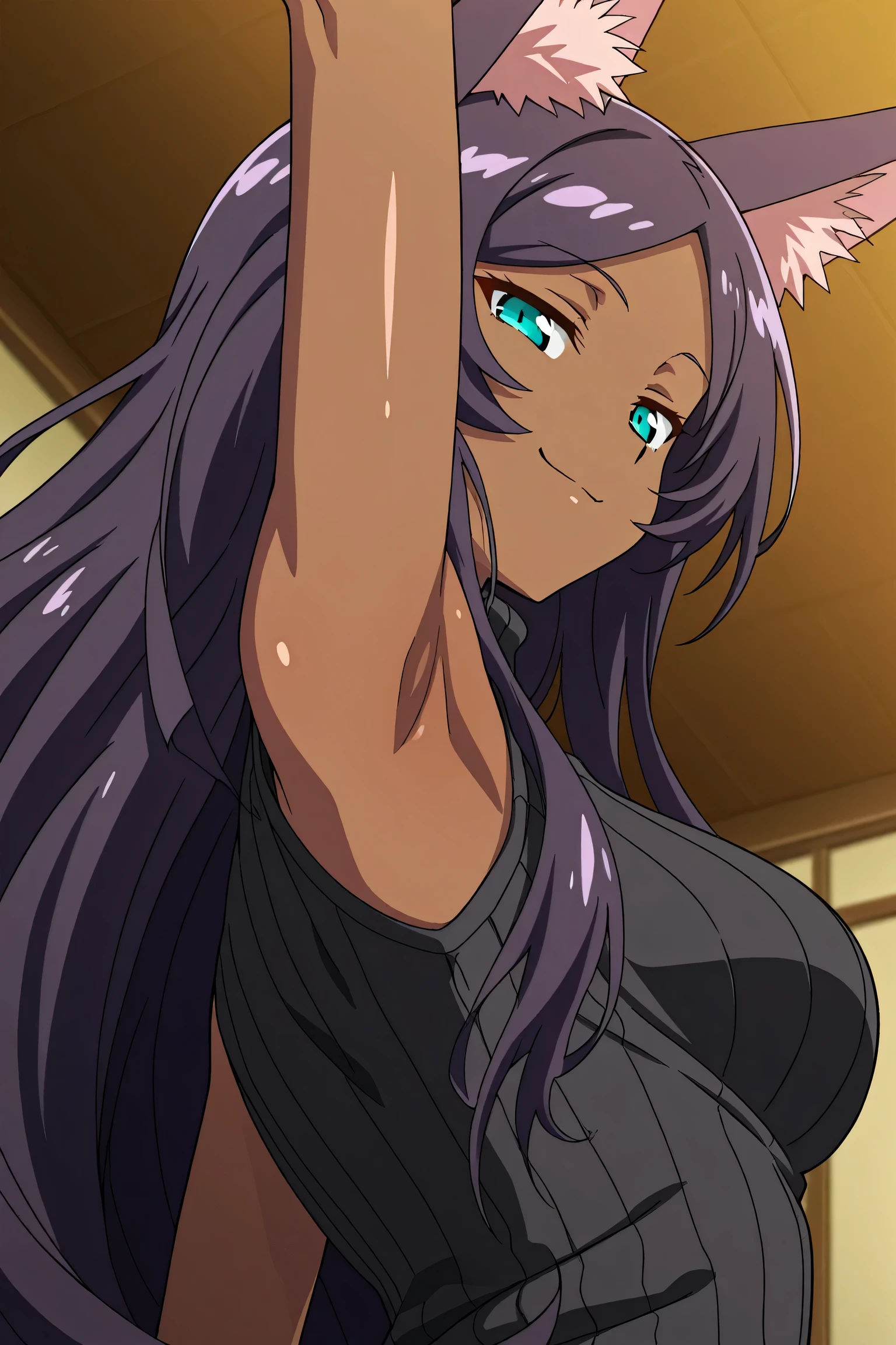 1 woman, yoruichi shihouin, dark skinned, long dark purple hair, ponytail, ((detailed eyes:1.2)), wearing tanktop, sexy, sensual, sleeveless, underboob, masterpiece, top quality, best quality, official art, beautiful and aesthetic:1.2), extreme detailed, colorful, highest detailed
