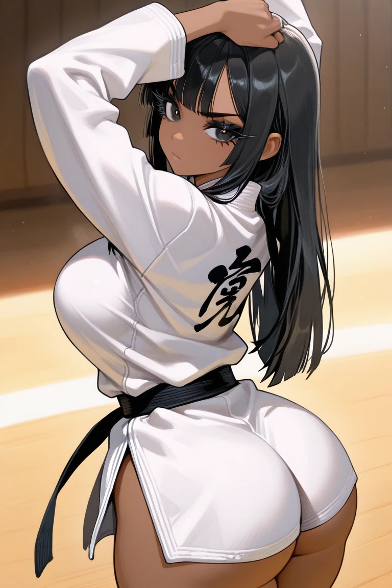 masterpiece, best quality, (dark skin), short hair, yellow eyes, black hair, beautiful girl, thin, full body, tall girl, ((white male-fighter kimono)), ((blue belt)), ((kawaii)), ((cute)), plan boobs, short boobs, small boobs, ((short chest)), ((big butt)), ((wide thigh)), fighting jiu jitsu, dojo background