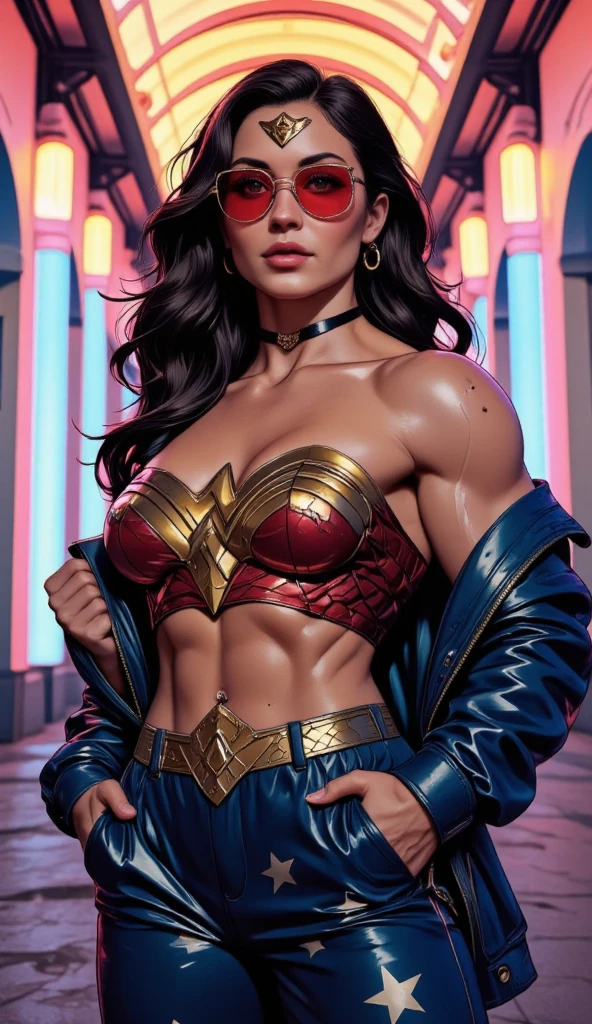 diana,black hair,blue eyes,short hair,hairbun,lips,
leotard,cleavage,hips, light smile,
looking at viewer,
science fiction,city,indoors,
(insanely detailed,masterpiece, best quality),solo,<lora:wonderwomanSQ:0.8>,