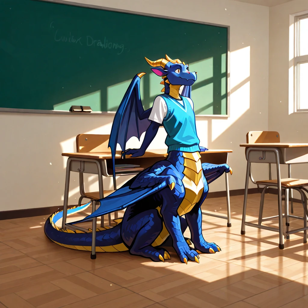 dragon, male, penis, school, shirt, small waist, beige body, standing, teaching to the class, glasses, pizarron, alumn sucking penis, oral sex