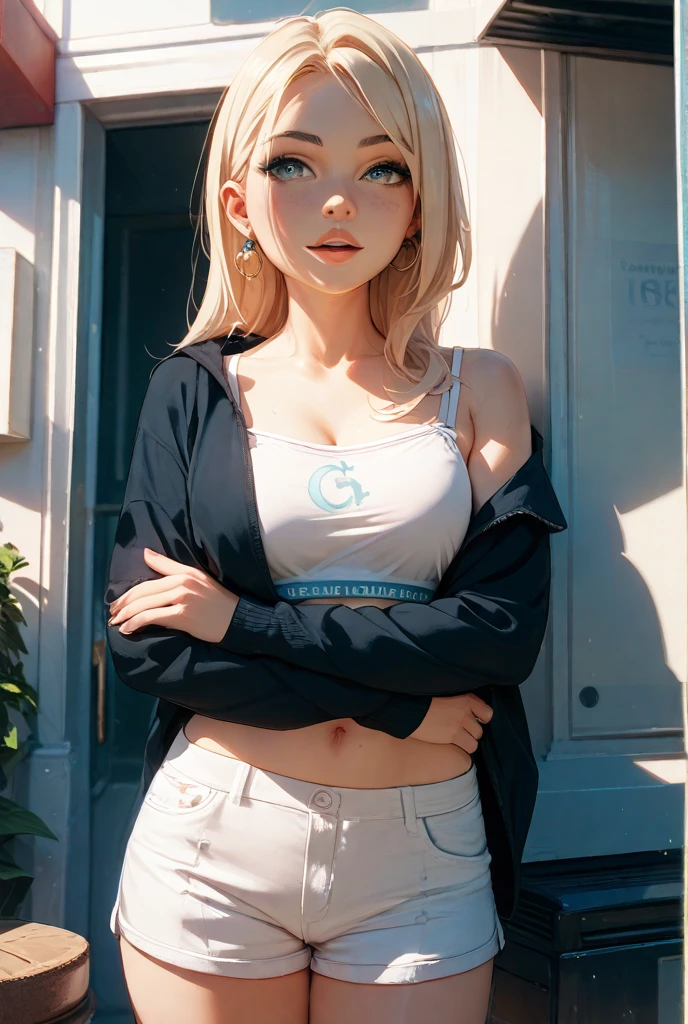 (masterpiece:1.2, best quality), (real picture, intricate details), 1lady, solo, upper body, casual, long hair, minimal makeup, natural fabrics, close-up face, smile, home, long light platinum blonde hair, bangs, Korean bangs, bangs on forehead, green eyes, big breasts, big tits, big butt, big ass, stylish clothing, jean shorts, hoodie, cardigan, wool top, teal cardigan, blue sweater, teal top, cardigan, big tits, casual settings, home background, stylish clothing, big tits, big breasts, big chest, adult, adult woman