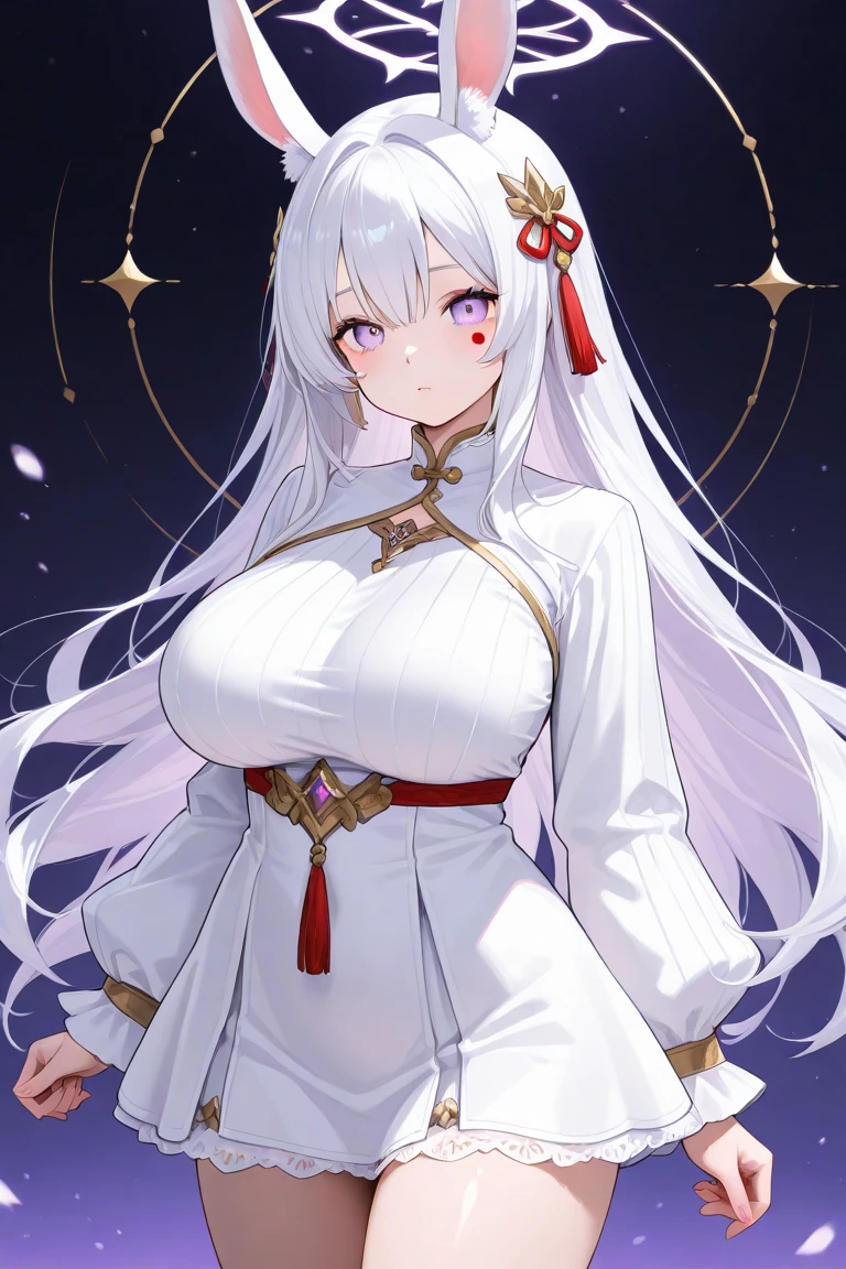 Silver Hair、Twin tails、Red gradient hair、Navy blue hair ornament、Golden hair ornament、Red and navy blue odd eyes、smile、Grown-up、Big Breasts、White Chinese Dress、red decoration、Navy blue decoration、Golden decoration、Silver decoration、Shoulder Bare、Chest、Black tights、Chinatown