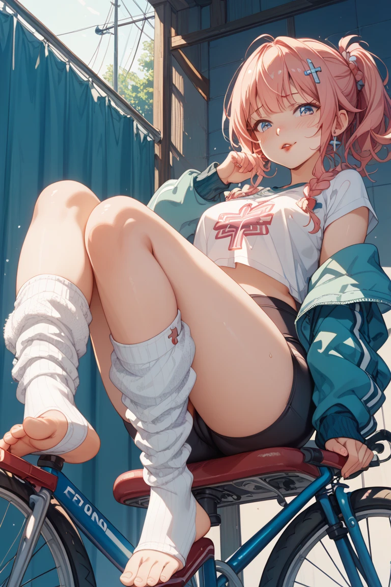 (8K, Highest quality, Highest quality, masterpiece), sit on the floor, (denim hot shorts 1:2), (mini shorts 1:2), big breasts, ((spread legs 1:2)), (open shorts), (pussy_peek), nm1, headphones around neck, long sleeves, blue cardigan, (fullbody), smile, school uniform, open jacket