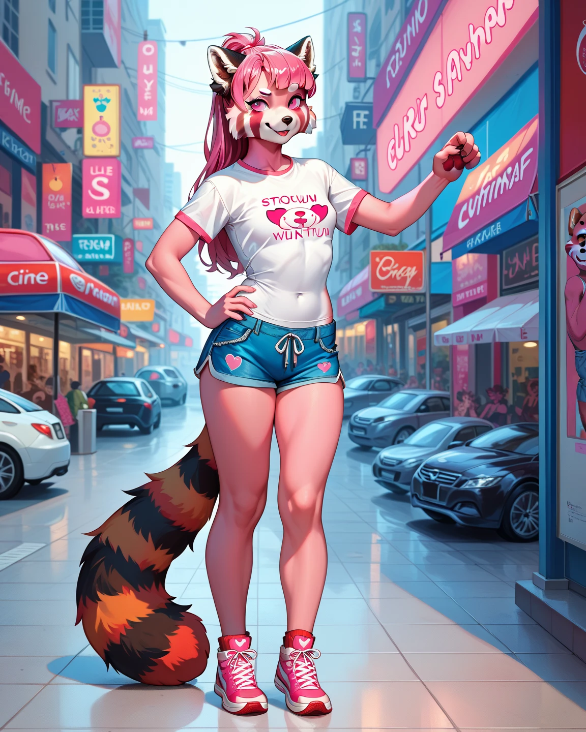 (by zackary911, by darkgem, by boosterpang), solo focus, solo, 1boy, male, lion boy, cute, girly, femboy, twink, short boy, looking at viewer, smiling, happy, athletic figure, (hyper hips:1.3), (huge bulge), bulgeJ8, penis outline, large balls, long hair, detailed eyes, lust, masterpiece, best quality, lycra shorts, white tank top, nipple outline, pink sneakers, standing upright, photorealistic, hyperrealistic, ultradetailed, detailed background, photo background, digital drawing (artwork), girly, outside, cityscape, (giant:1.8), (macro:1.6), (crowded:1.4), (figures in background), looking at viewer, stretching, (tail), gts, walking down street,