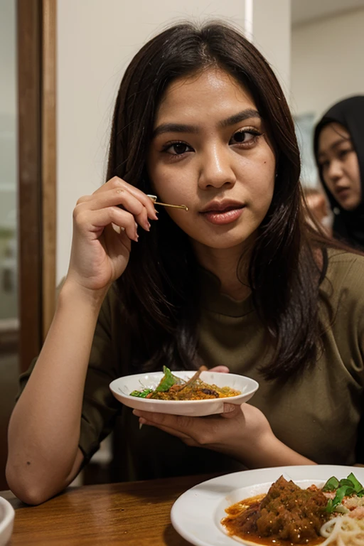 "A young woman wearing a black niqab and abaya is seated at a dining table inside a cozy home, about to enjoy a plate of fried mee hoon. The mee hoon is topped with a simple amount of chili oil, glistening with a rich red hue. Beside the plate, there's a pack of aluminum foil-wrapped chili oil labeled 'Al Amiin Original Flavor.' The focus of the image is on the chili oil, highlighting its vibrant color and enticing texture. The setting is warm and inviting, with the chili oil taking center stage as the key ingredient to enhance the meal."

 top screen Promotional Sentence: "Elevate your meals with the bold, authentic taste of Al Amiin Original Flavor Chili Oil—just RM12 for a flavor-packed experience!"