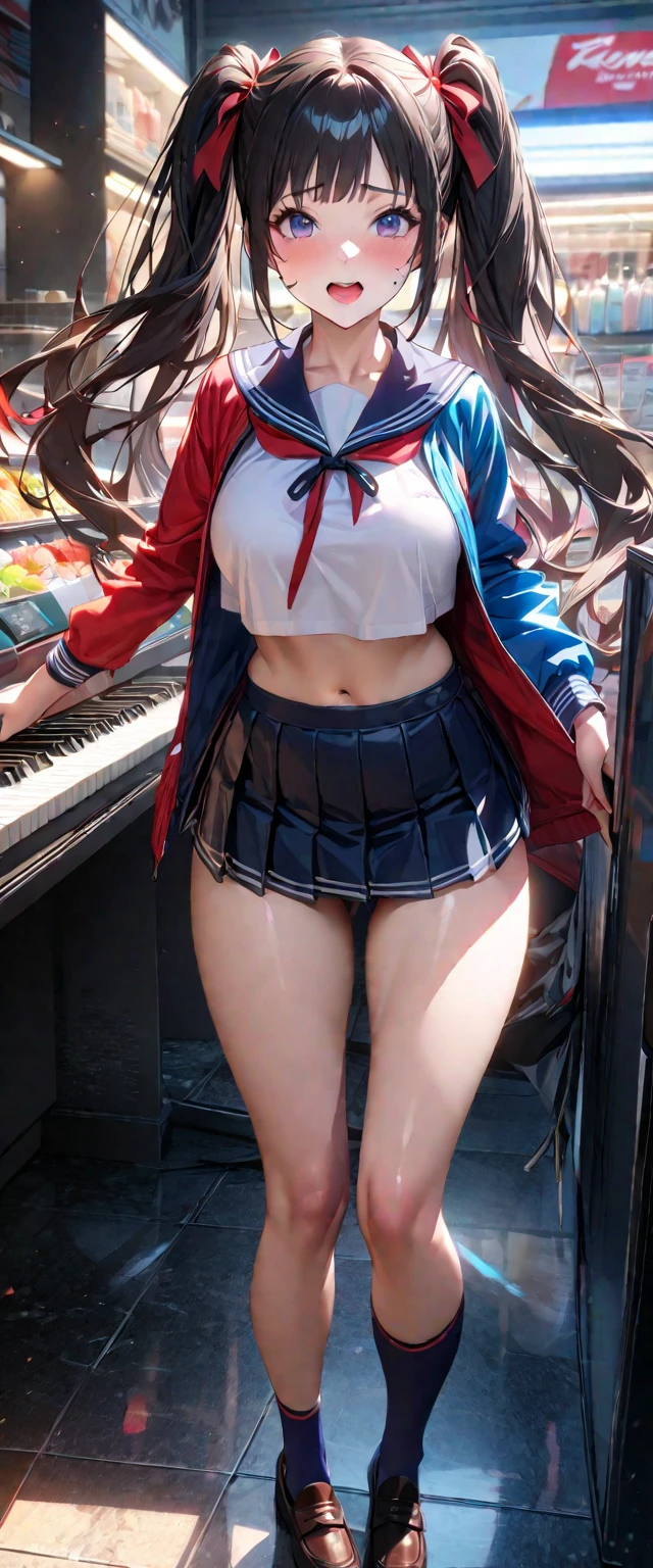 (Masterpiece), Cute and Adorable Eurasian Anime Teen (Best Quality, High Resolution: 1.2), (1 Character), Pastel Colors, Relaxed Room, Harley Quinn Inspired, White Midriff Tank Top, Sexy Shorts Revealing Panties Up to Hips, Leather Knee-High Boots, Hot and Curvaceous, Detailed Revealing Outfit, Red and Blue Pigtails, HDR Lighting, Vivid Colors, Studio Environment, Extreme Detail Description, Physical-Based Rendering, Sharp Focus, Extreme Curvature, Revealing Description, Leather Textures,
