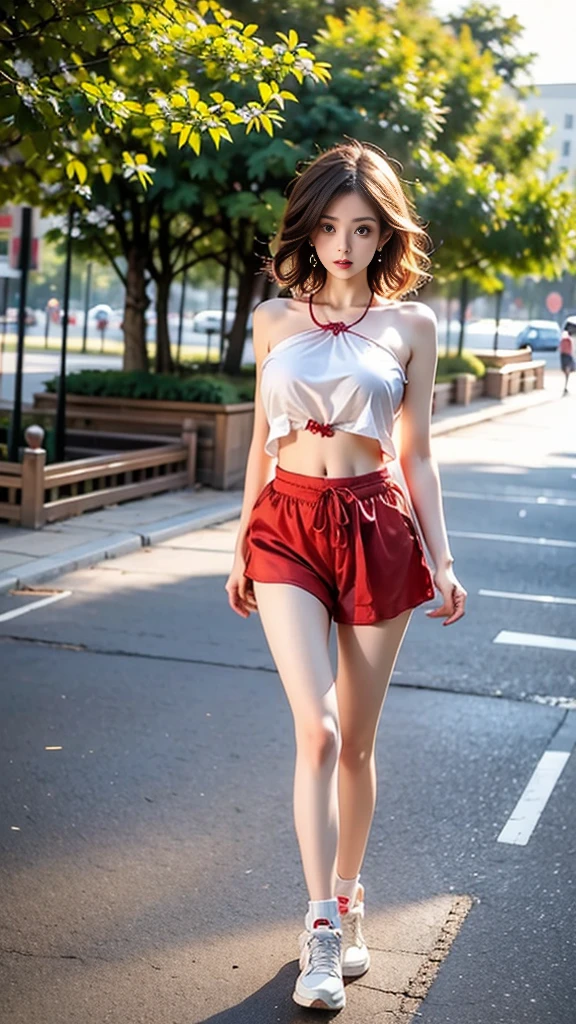 ((Realistic lighting, Best quality, 8K, Masterpiece: 1.3)), Clear focus: 1.2, 1 girl, Perfect Figure: 1.4, Slim Abs: 1.1, See through, tight clothing, ((Red-Haired)), (panties: 1.4), (Floral crop top: 1.4), (Outdoor, Night: 1.1), City streets, Super fine face, Fine eyes, Double eyelids,