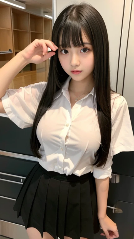 reality: 1.4),highest quality, masterpiece, High detail, 16K quality, beautiful, 1 beautiful girl,Japanese,super beautiful face,Baby Face,Japanese idol face,Cute Face,Highly detailed face,Detailed hands,beautiful skin,Oily skin,Big eyes,Professional Lighting,ponytail,Black Hair,black beautiful eyes, Big smile,Sitting with your knees up, (Skirt flip),Big Breasts,Sheer white shirt,(Check skirt),No underwear,Black high socks,（Spread your legs）, She is looking at the camera,Skyscraper rooftop,blue sky, Browsing Caution,from the front, information