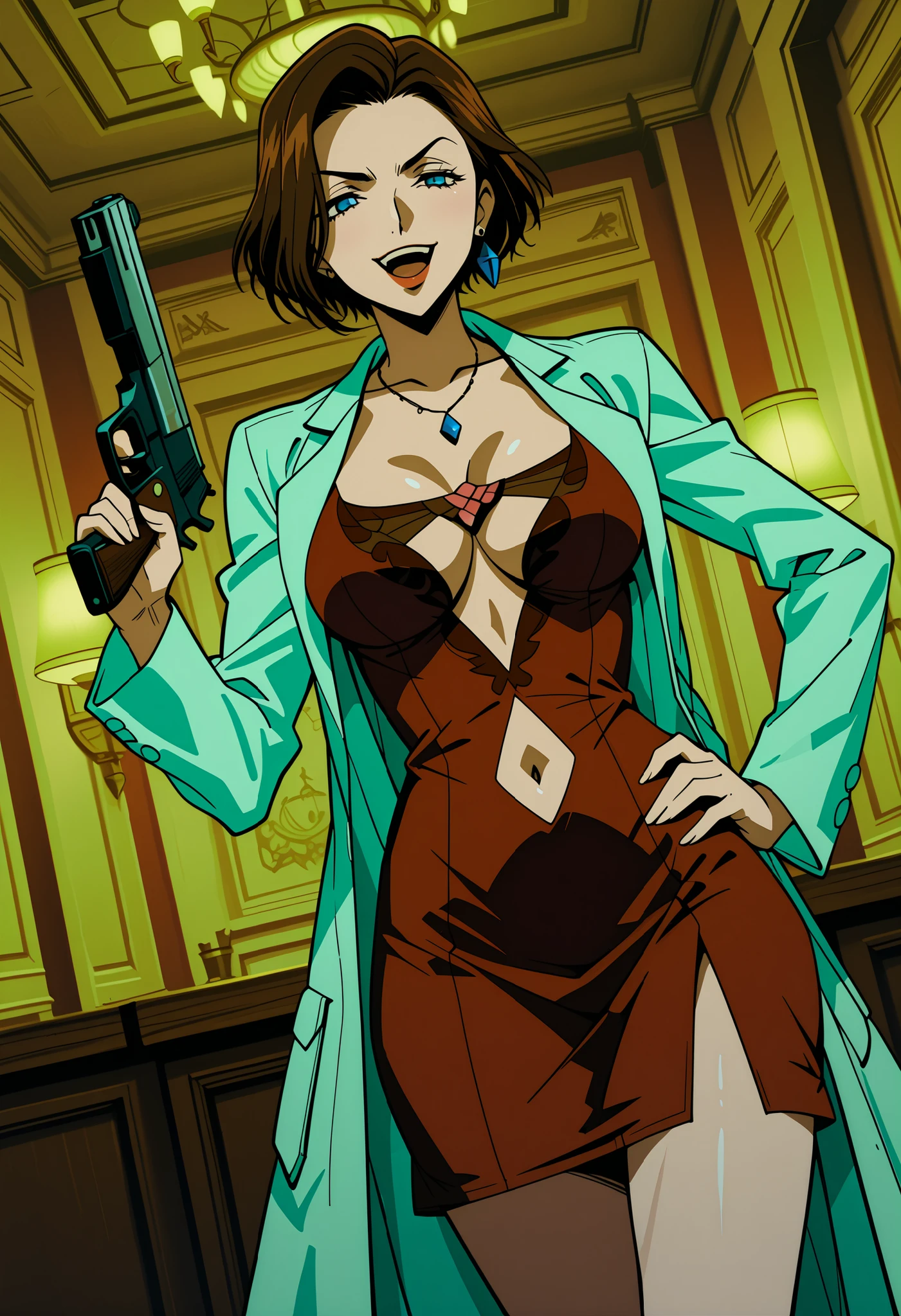 general,highres, ultra-detailed,very aesthetic,best quality ,best hands,best eyes,easynegative,
dynamic anglre, dutch angle, anime cloring,anime screencap,
1girl solo,looking at viewer,smile,indoors, hand on hip,
Sophie Landel,brown_hair, short_hair, blue_eyes, lipstick, earrings, ,labo coat, red dress, masterpiece, best quality, highly detailed, a girls in short dress with navel cutout posing for a picture, evil
smile, smile, open mouth, () , revealing dress, beautiful dress center opening ,
short dress with bellybutton showing, official artwork, exposed navel, exposed bellybutton, jewelry,
earrings, complex detailed background, casino environment, fancy
interior environment, rich interior, holding a gun, holding pistol, side slit ,
navel cutout, exposed navel, exposed bellybutton, , european architecture, palace, medium large ,looking at viewer , dragon tattoo on waist, narrowed eyes, tattoo on waist, anipai_style , anime screencap , anime coloring, v-shape eyebrows,