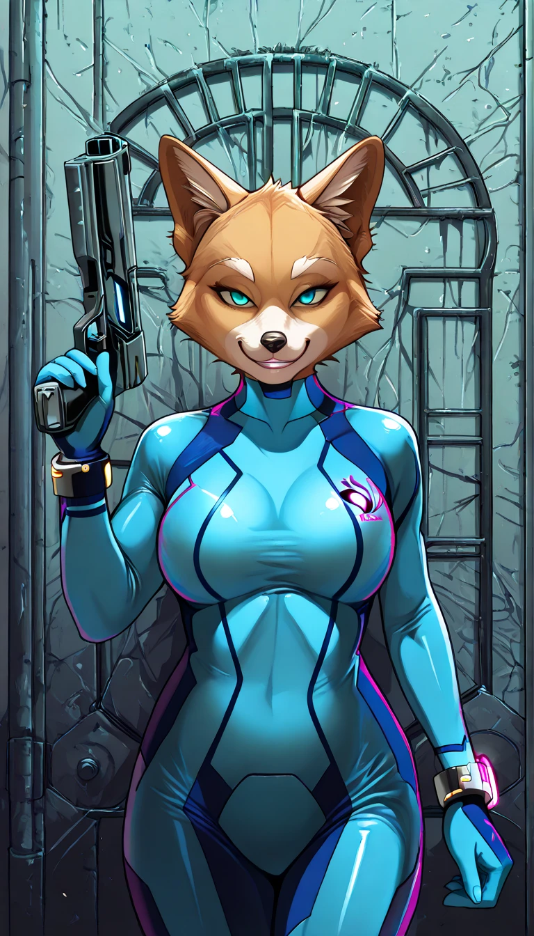 furry_artwork, digital_media_(artwork), hi_res, (kangaroo), hair, voluptuous, large_breasts:1.2, tight jumpsuit, cleavage, utility waist belt, standing, looking_over_distance, hands_on_hips