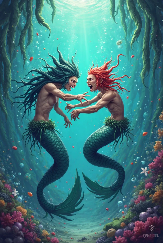 (masterpiece,Distinguished Quality,Mirror-like,Cinematic Experience, insanely detailed,absurdres),8k,(full image shot), the shimmering, iridescent depths of an enchanted ocean, (2 males:1.6),fighting,mesmerizing sirens,(male, with manly mermaid tale:2.0),(male siren),(black metallic manly tale),(manly abs),(all hair types are in),Black hair:2.0),aquamarine eyes gleam with an otherworldly allure, shimmering, crystalline tail glimmers with a soft, ethereal light, beckoning sailors to their doom with a haunting, melodic song that echoes through the mystical, moonlit waves, Imagine the captivating, underwater scene!