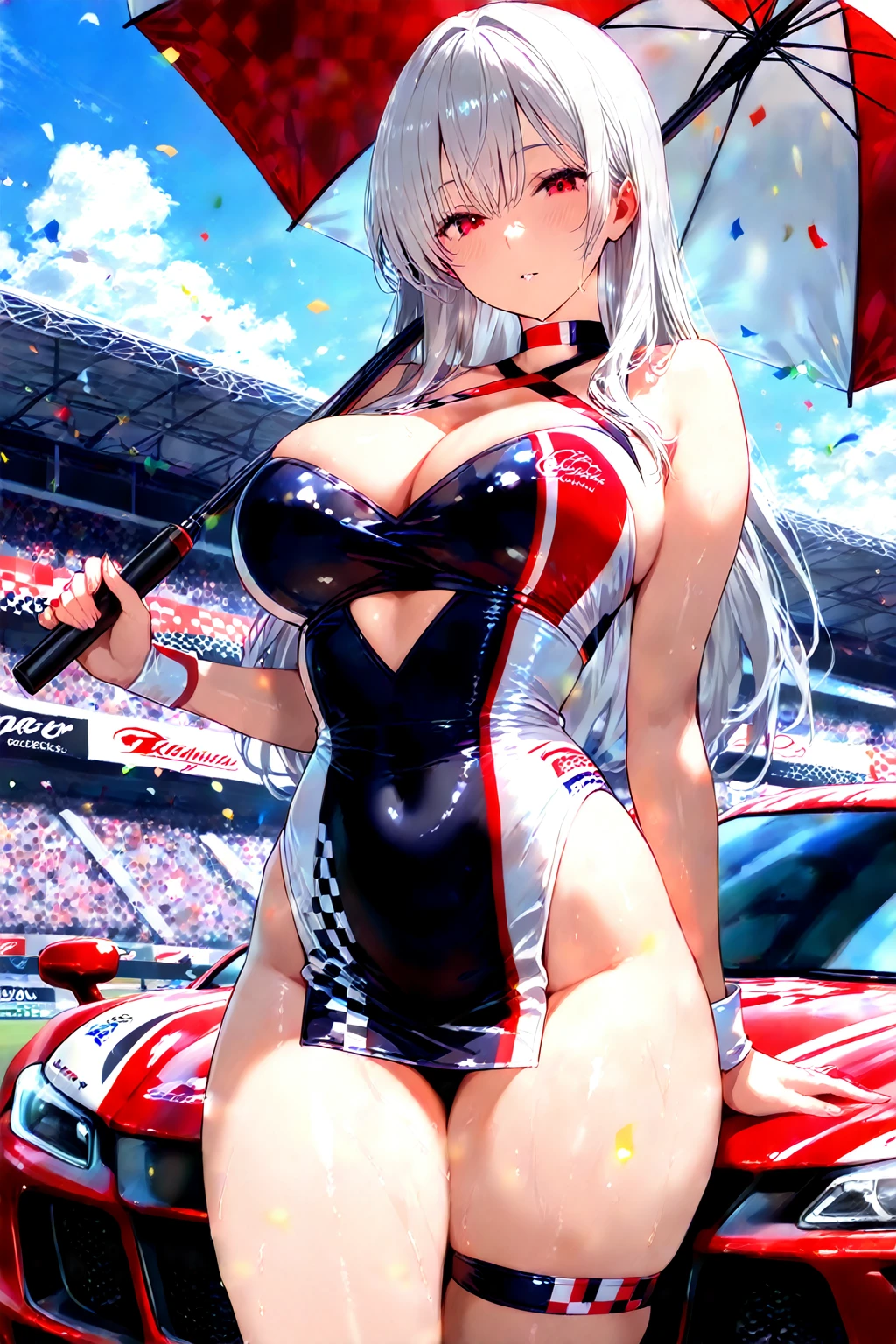 A beautiful brown woman holding a large sign above her head with both hands, 1 Girl、Beautiful silver hair、((((Very short hair))))、Blue eyes、(hair band)、((Blunt bangs)), small breasts、22 years old, (tsurime), Tight waist、smile、Natural lighting、Very cute face, Cute pose、Monte Carlo Street Circuit, Racing Car, Racing Bike, Promotion Girl, Grid Girls, The promotional costumes are exquisitely tailored., paying meticulous attention to detail, Lace-up boots, Short sleeve, Cropped tops, , Tube top bra, Knee-length, Exposing shoulders, Knee-lengthグリッターナイロンプリーツスカート, Asymmetrical medium size nylon pleated skirt, Promotional wear with logo, Red and white glitter promotional wear、sexy pose, bewitching pose, from avove, Shallow depth of field