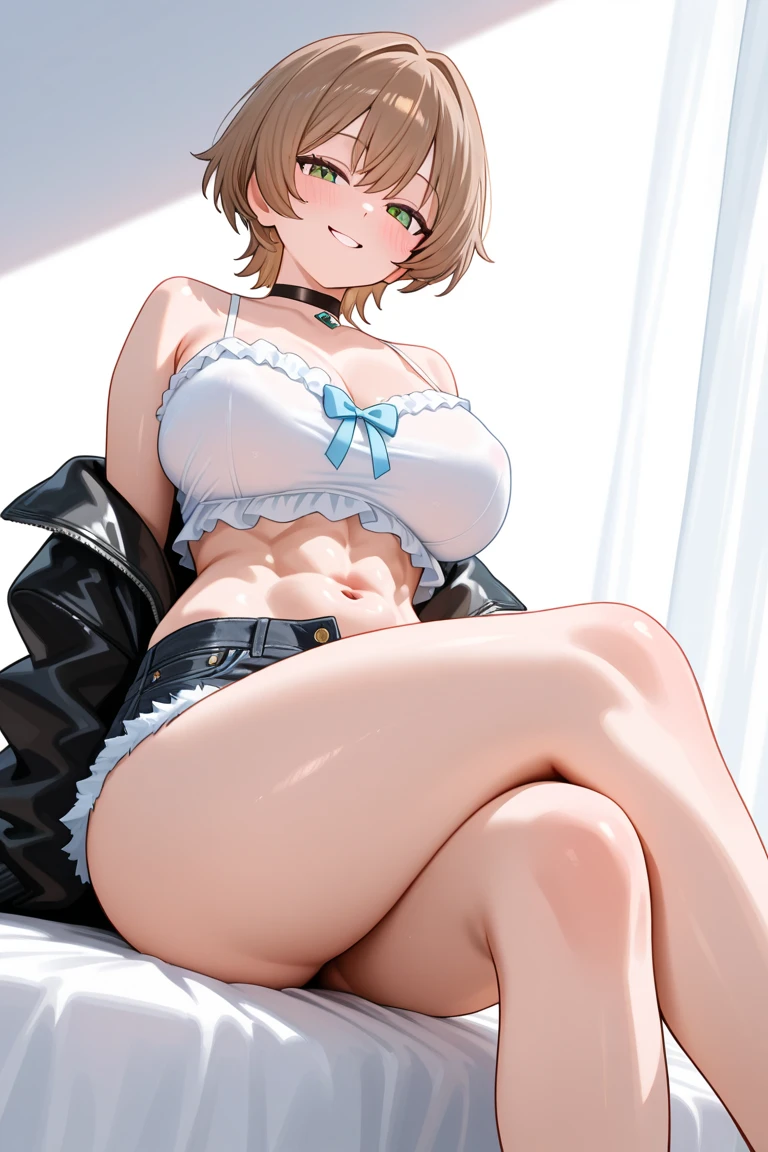 (1 beautiful mature slut), alone, gorgeous face, (blush)、((Wearing a police uniform)), grin and laugh、red lips, eye shadow, eyeliner, ((open crotch))、show me your side、such an ass、((Please sit down))、big and full breasts, thighs, bob hair, lingerie、good quality, 2D