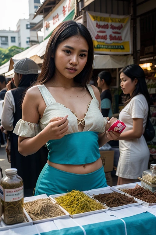 Iconic Thai dishes, a vibrant street food scene with Pad Thai taking center stage, a raining ((water)) bustling market atmosphere with skilled cute messy shirtless female vendor, (wearing sweaty thongs panty underwear white wet dripping pubic hair), tossing wok , wearing wet white bandana, hand behind head raising hand in the air, ((noodle on head)), showing wet dripping armpit water, drenched with sweat, messy hair wet hair, smiling look into camera, colorful ingredients on display, noodle and sauces on head, capturing the essence of Thai street gastronomy, Photography, documentary-style shot with a prime lens (50mm), focusing on the dynamic energy of the street food stall, 