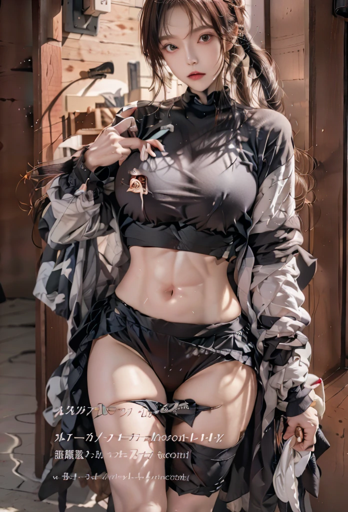 （Girl Standing In Big Office）、（（posterior view））, Silver hair, Bangs, Blunt bangs, Long hair, Braiding（poneyTail）, aqua eyes, longeyelashes, Solid Circle Eyes, makeup, Open mouth, blush, Parted lips, Bright pupils, smiley, Seductive smile, glint, surrealism, Modern,（（ Camouflage blouse、off shoulders、））、（（No skirt））、(((Sniper rifle with silencer on the back))）、Chiaroscuro, Chiaroscuro, depth of fields, One-person viewpoint,  From Side, F/1.8, 135 mm, canon,  nffsw, retinas, masutepiece, ccurate, Anatomically correct, Textured skin, Super Detail, high details, High quality, Best Quality, hight resolution, 1080p, hard disk, 4K, 8K、　（（Full Body Angle））、、Skyscrapers are hazy behind(（Camouflage pattern micro bikini））、）（open one's legs、stick out buttocks）（、（shapely breasts,)、((sexypose)))、(camel's toe), tongue、Vaginal orchids、Runny Vaginal Discharge、Blowing tide、Very beautiful breasts、Grasp your breasts with both hands、 Spread your legs、sexual excitement、Sex Expressions、(独奏)、dynamicposes、((erectile nipple))、(Puffy eyes:1.２)、 (Slim legs)、erotick、nffsw、Highly detailed ambient occlusion、超A high resolution, A hyper-realistic, Highly detailed, (yawning), (((exhibitionism))), ((she is soaking wet)).Photo