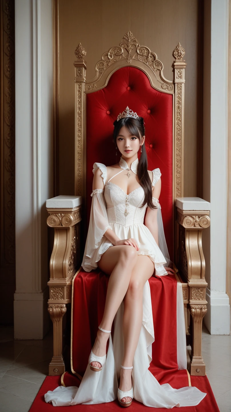 Temperament Elegant Queen, Half Squat, Armpit Hair, Smile, Royal Jewelry, Crimson, Princess Crown, Light White Light Evening Gown, Thin Soled Pointed Toe High Heels, Long White Stockings, Stiletto Heels, Big Breasts, White Skin, 8K,