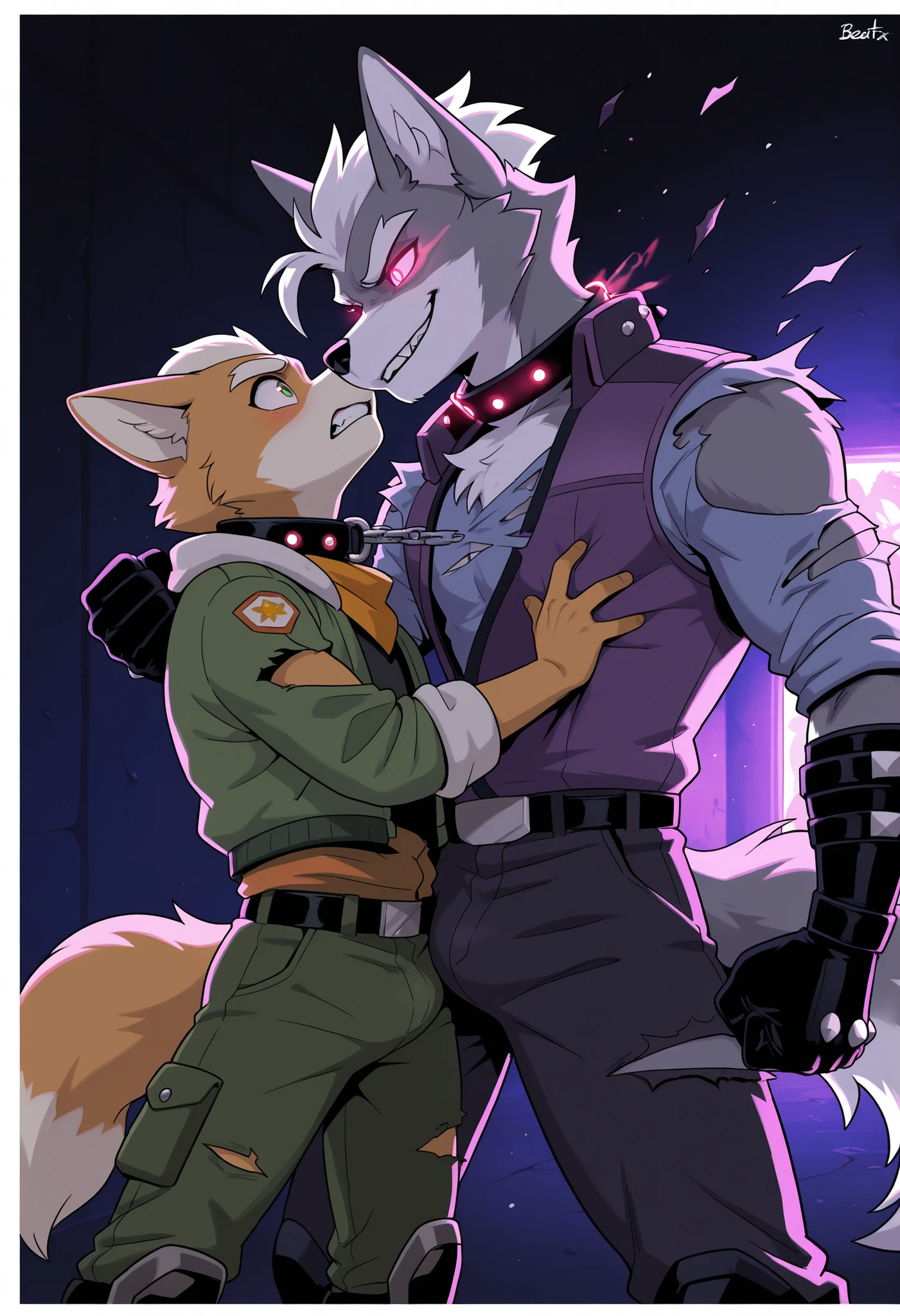 duo,Male, robot Gray wolf, detailed green eyes, long tail, big nipples, slim, sly, simple background, smirk, bulge, tail wrapping around body,((Fighting Stance)),((a robot wolf kissing an live gray wolf))