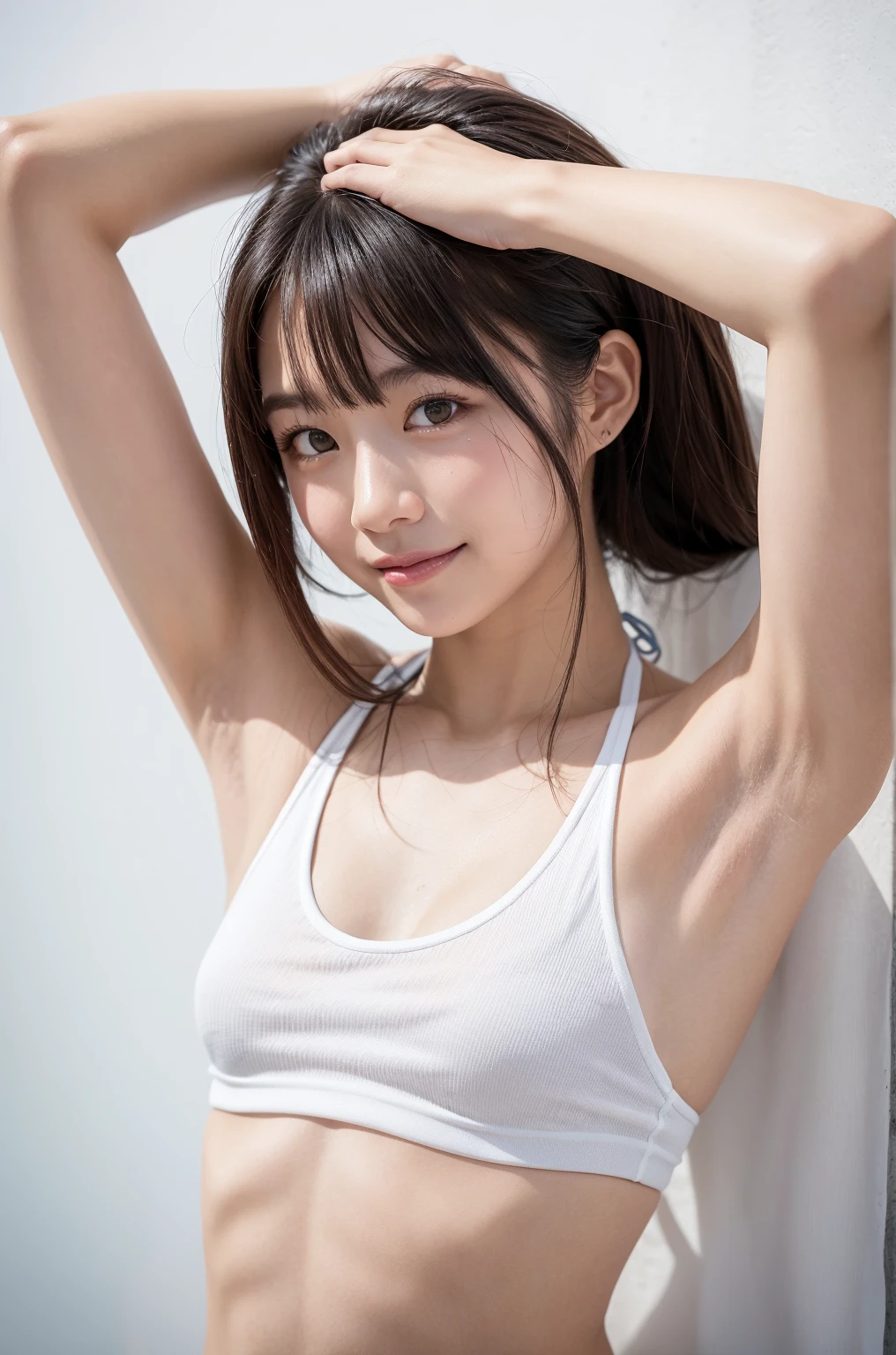 ((masterpiece, 最high quality, Super Definition, High resolution)), Sony a7, Film Grain, Realistic, One-point perspective, Diffuse Reflection, Colorful shiny particles, Lens flare, Soft lighting, ((Slender and muscular:1.2、A Japanese woman with slender limbs, 20 years old), Shiny white skin,Please raise your hand:1.1, ((Beautiful armpits visible,a body shot from the center front, 腋のクローズアップショット:1.5)), Remember, ((black hair with bangs in a bob hairstyle:1.23)), (((A super tight 胸を覆うグレーのsports bra:1.23,ナイキのロゴ:1.45))),Highly detailed face, fine grain, Detailed lips, single eyelid, ((Very small breasts:1.83)),(A brightly lit room in the evening:1.2), ((恥ずかしそうな face:1.3)),high quality, 4K,(Broad shoulders:1.25),((Fine abdominal muscles:1.64)),(slim short くびれのあるtorso:1.4),((Look at this center composition:1.3))