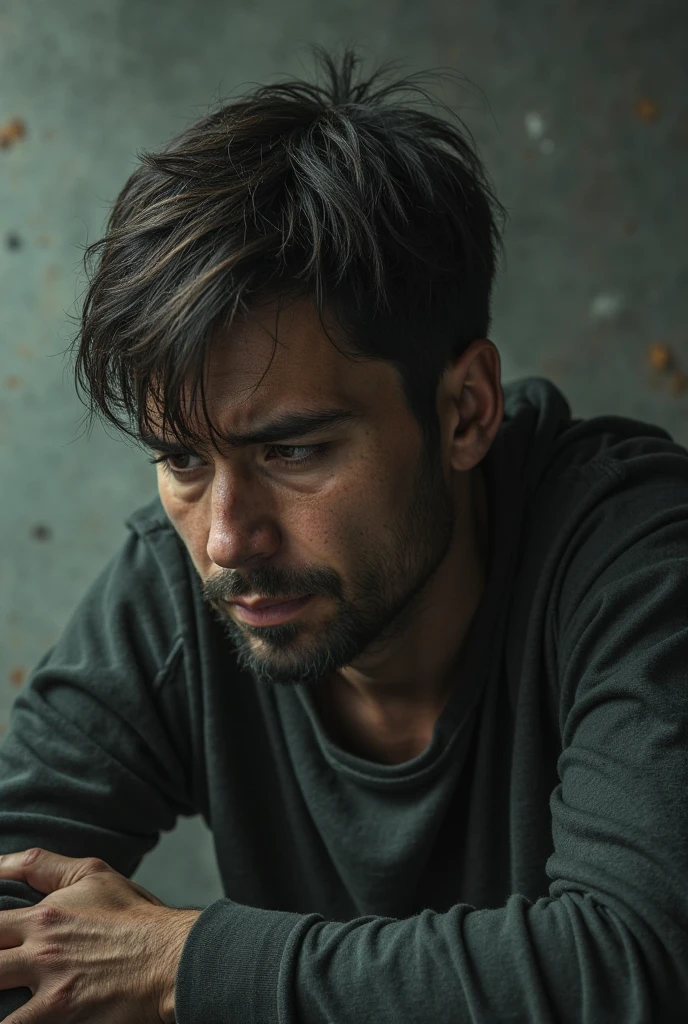 Juan is a tall, thin man., with dark and disheveled hair. His green eyes are surrounded by dark circles, which reveals his tiredness and hopelessness. He has a beard of several days.
Juan sitting down begins to cry out of frustration 